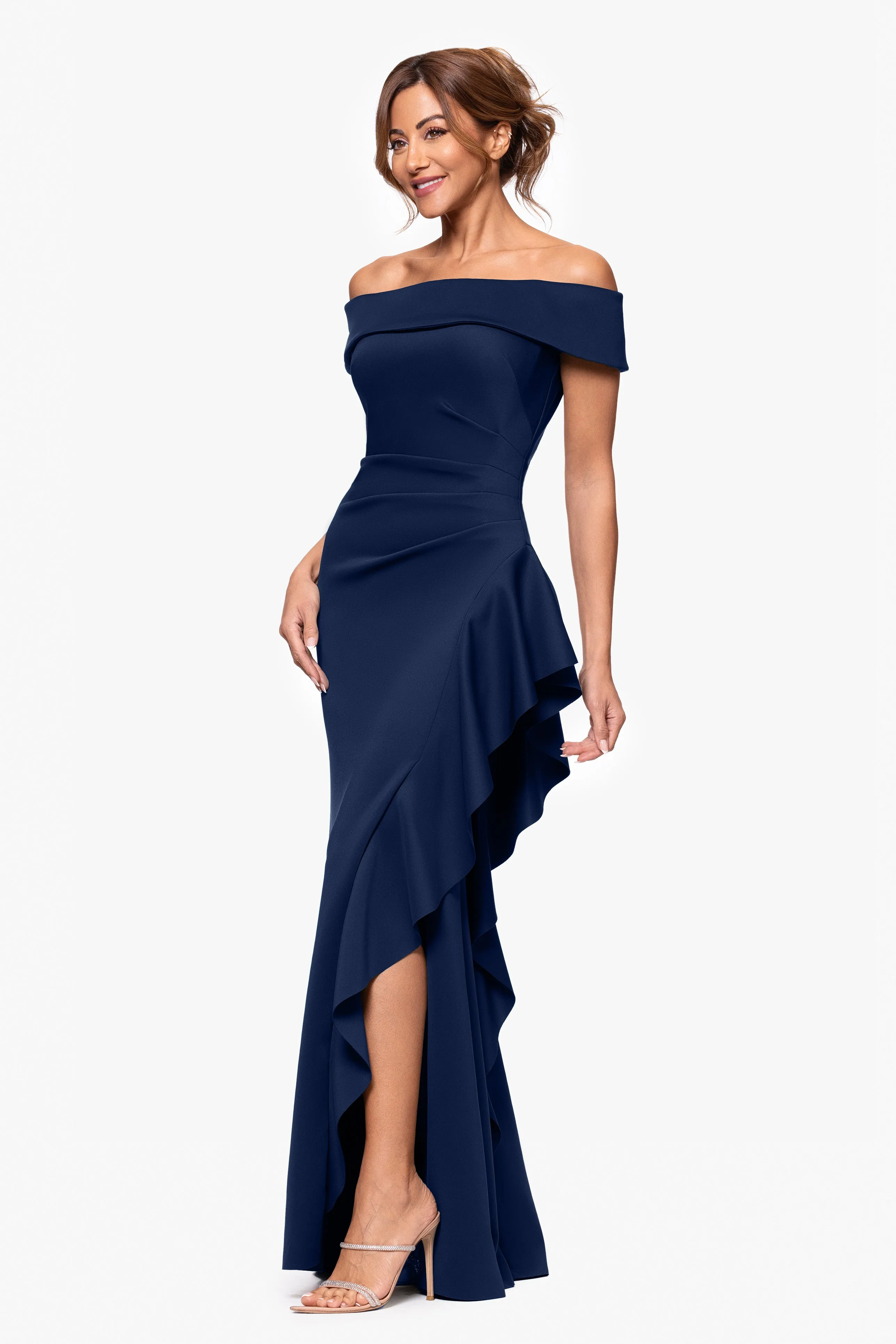 Petite "Dolly" Techno Scuba Off the Shoulder Ruffle Floor Length Dress sold by Xscape product image thumbnail 4