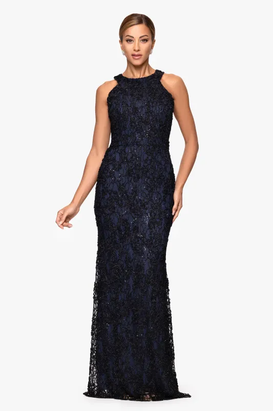 Petite "Andrea" Halter Neck Soutache Lace Floor Length Dress sold by Xscape