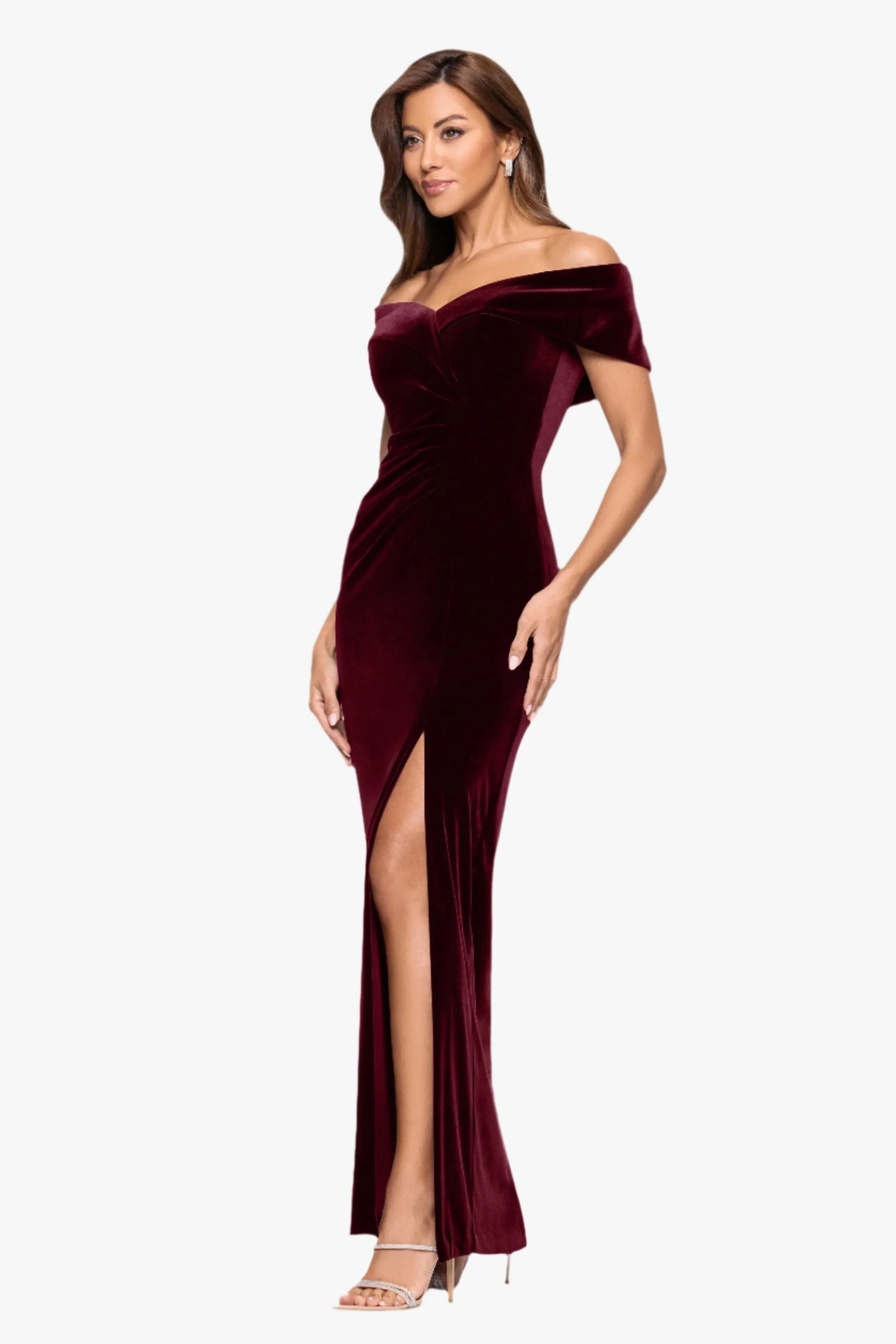 Petite "Charmaine" Long Off the Shoulder Velvet Gown sold by Xscape product image thumbnail 4