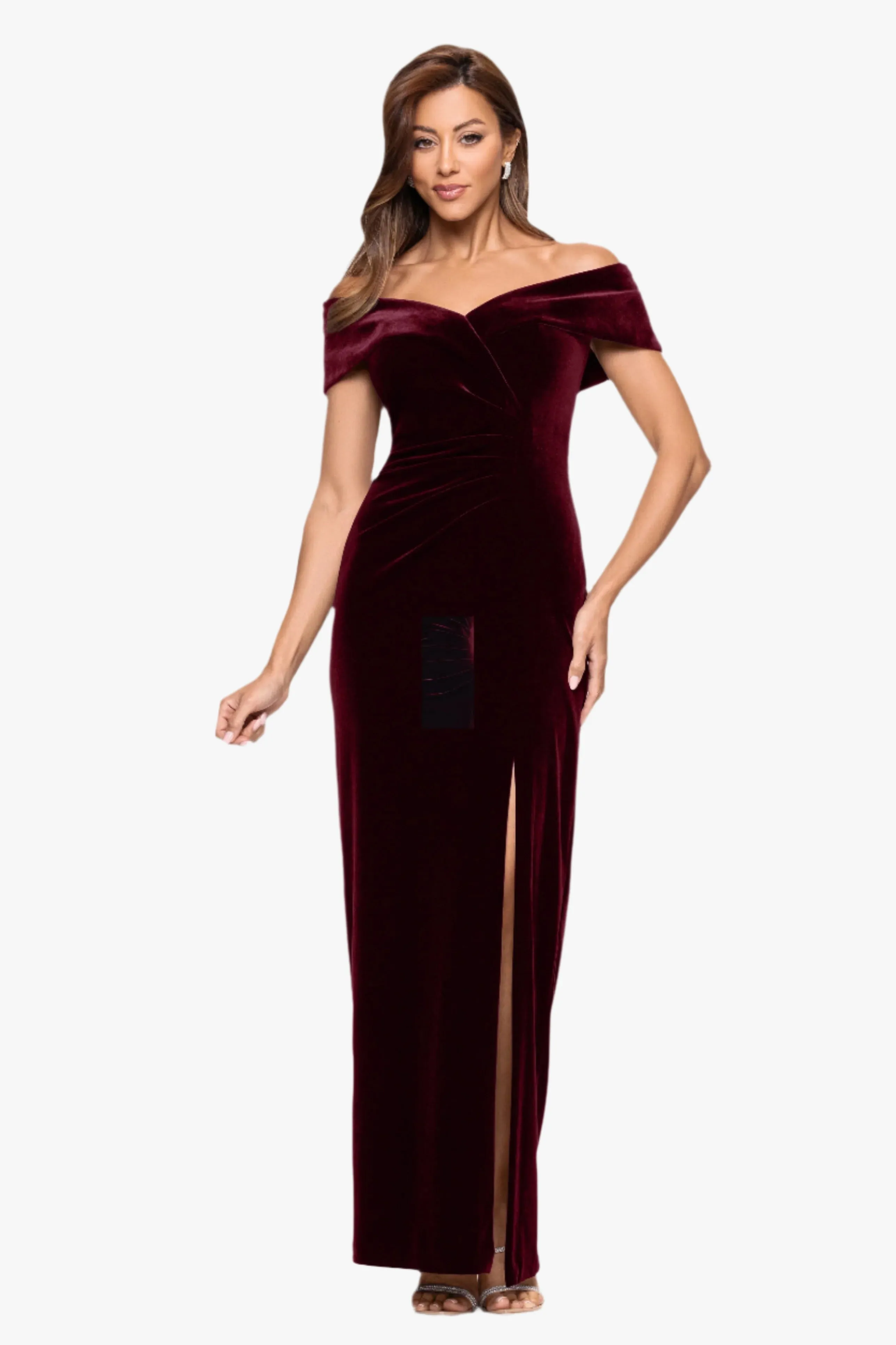 Petite "Charmaine" Long Off the Shoulder Velvet Gown sold by Xscape