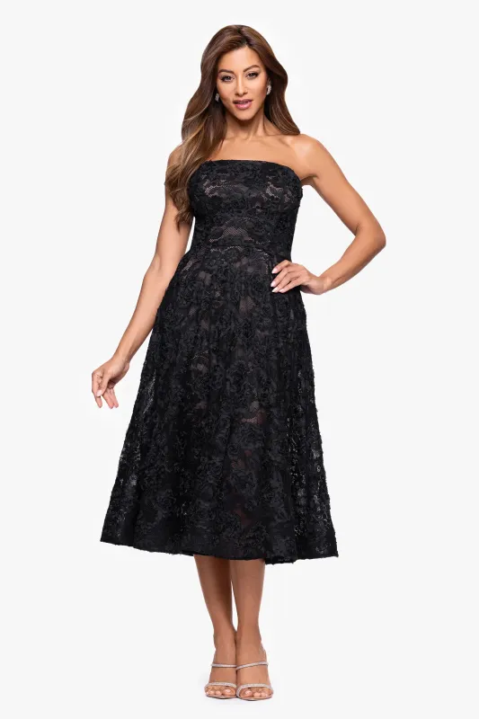 "Desiree" Lace Strapless Midi Dress sold by Xscape