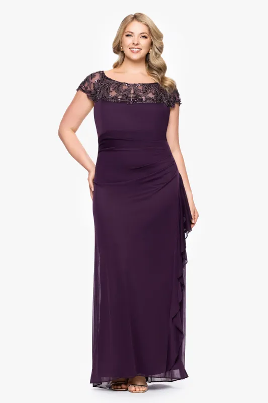 Plus "Cathleen" Sheer Matte Jersey Beaded Neckline Ruffle Floor Length Dress sold by Xscape