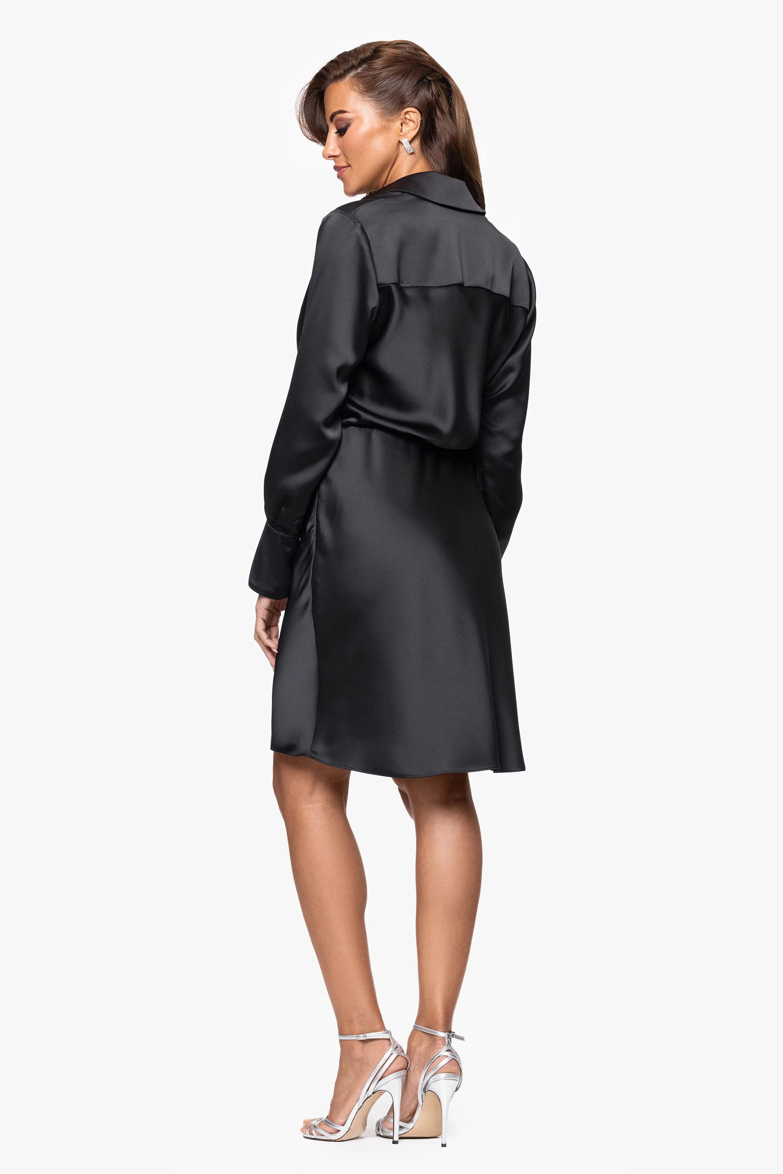 "Winona" Satin Collared Long Sleeve V-Neck Short Dress sold by Xscape product image thumbnail 3