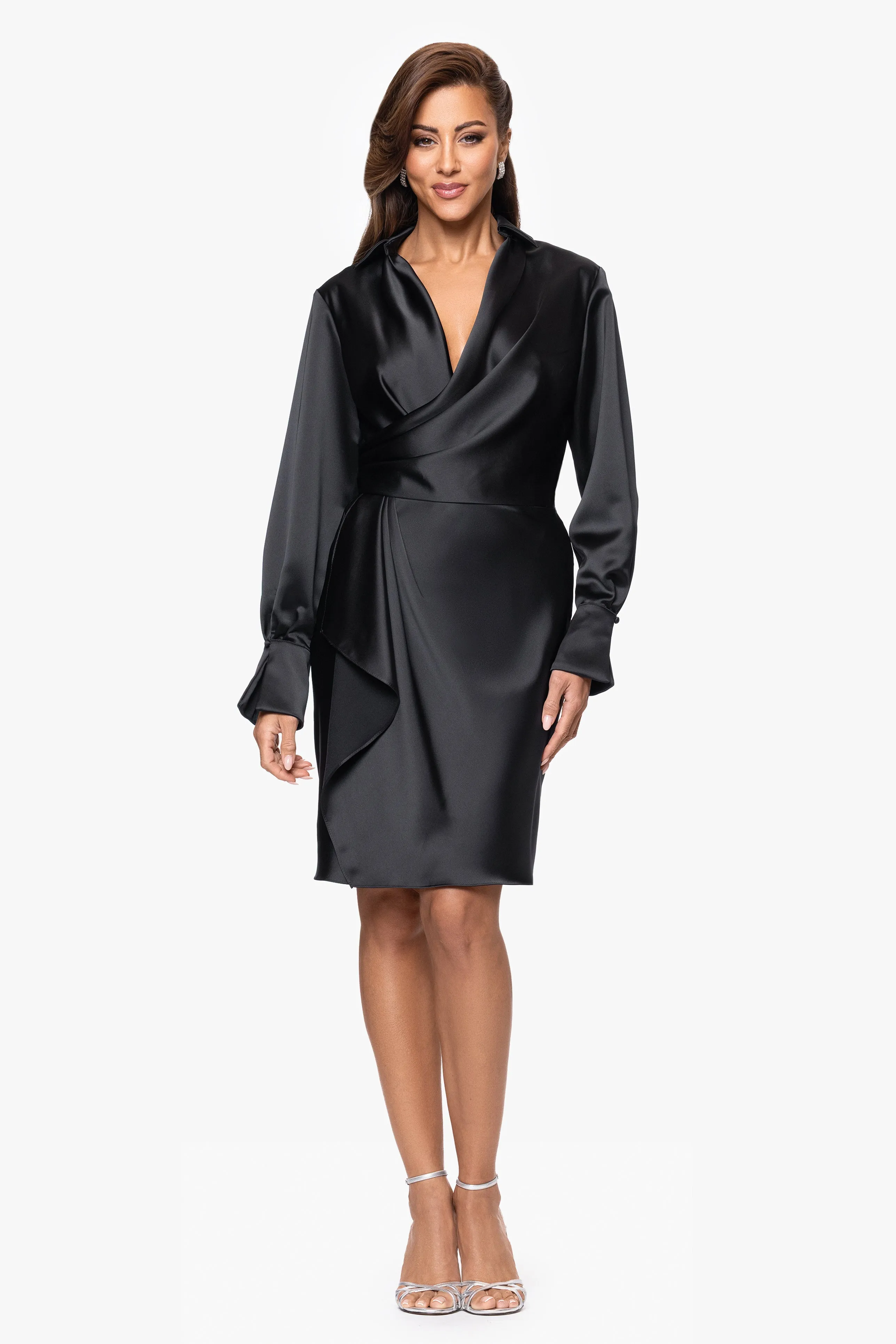 "Winona" Satin Collared Long Sleeve V-Neck Short Dress sold by Xscape