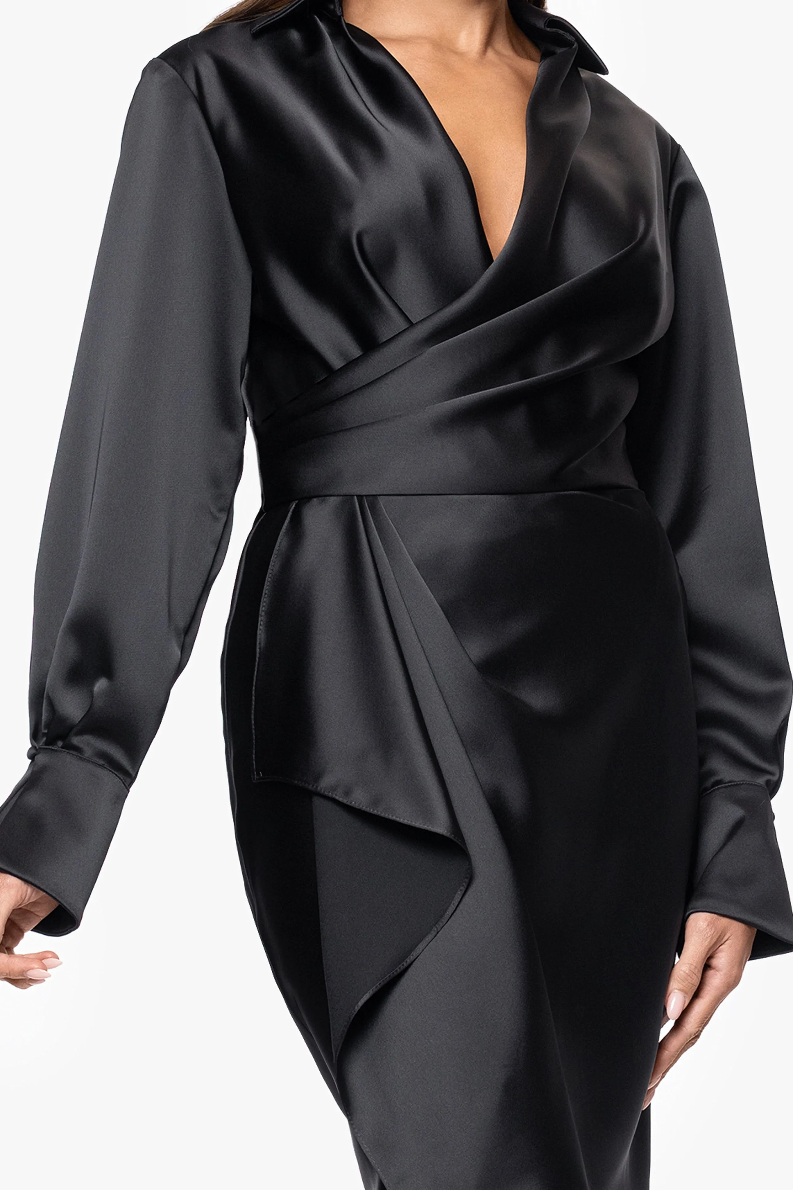 "Winona" Satin Collared Long Sleeve V-Neck Short Dress sold by Xscape product image thumbnail 2