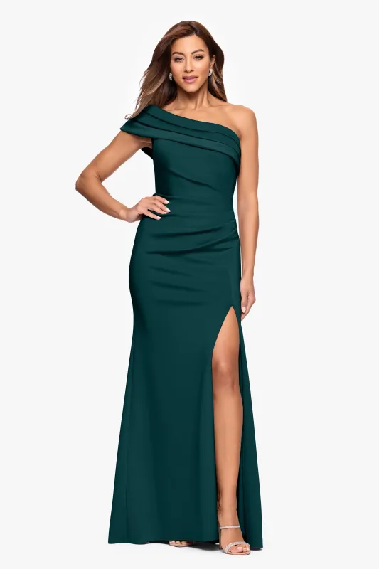 "Whitney" Techno Scuba One Shoulder Off the Shoulder Floor Length Dress sold by Xscape
