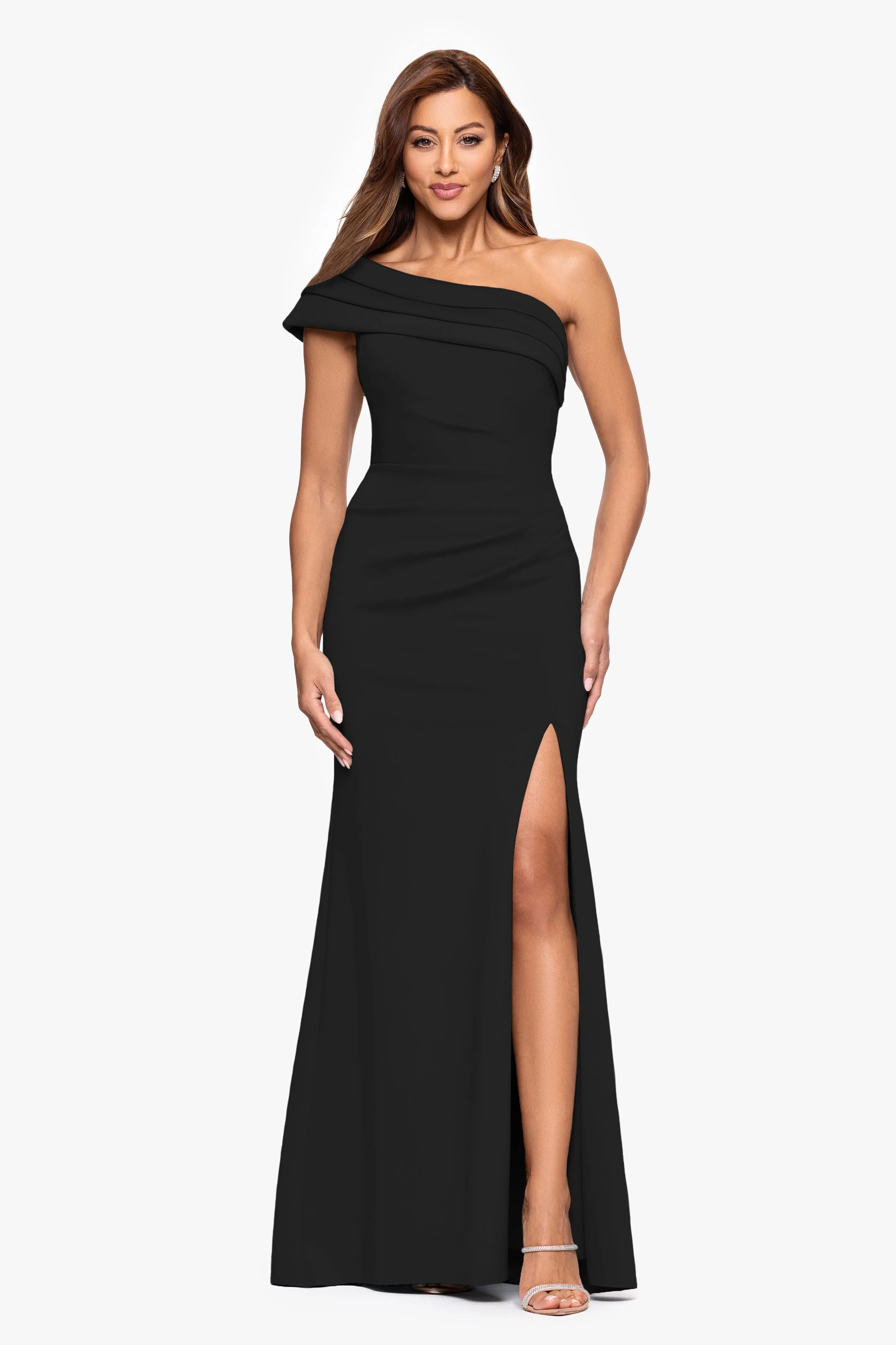 "Whitney" Techno Scuba One Shoulder Off the Shoulder Floor Length Dress sold by Xscape
