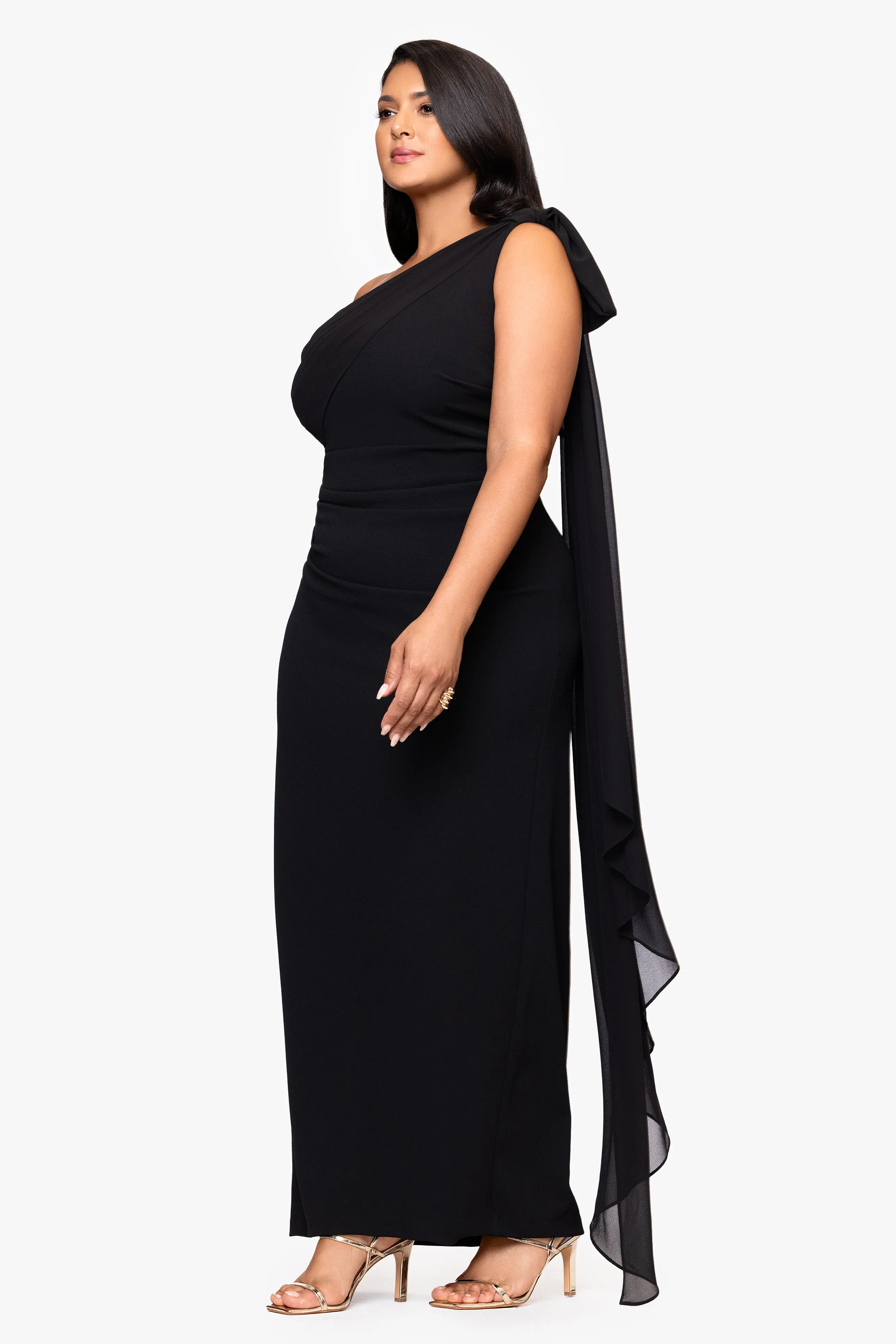 Plus "Grace" Scuba Crepe and Chiffon Cascading One Shoulder Shash Floor Length Dress sold by Xscape product image thumbnail 4