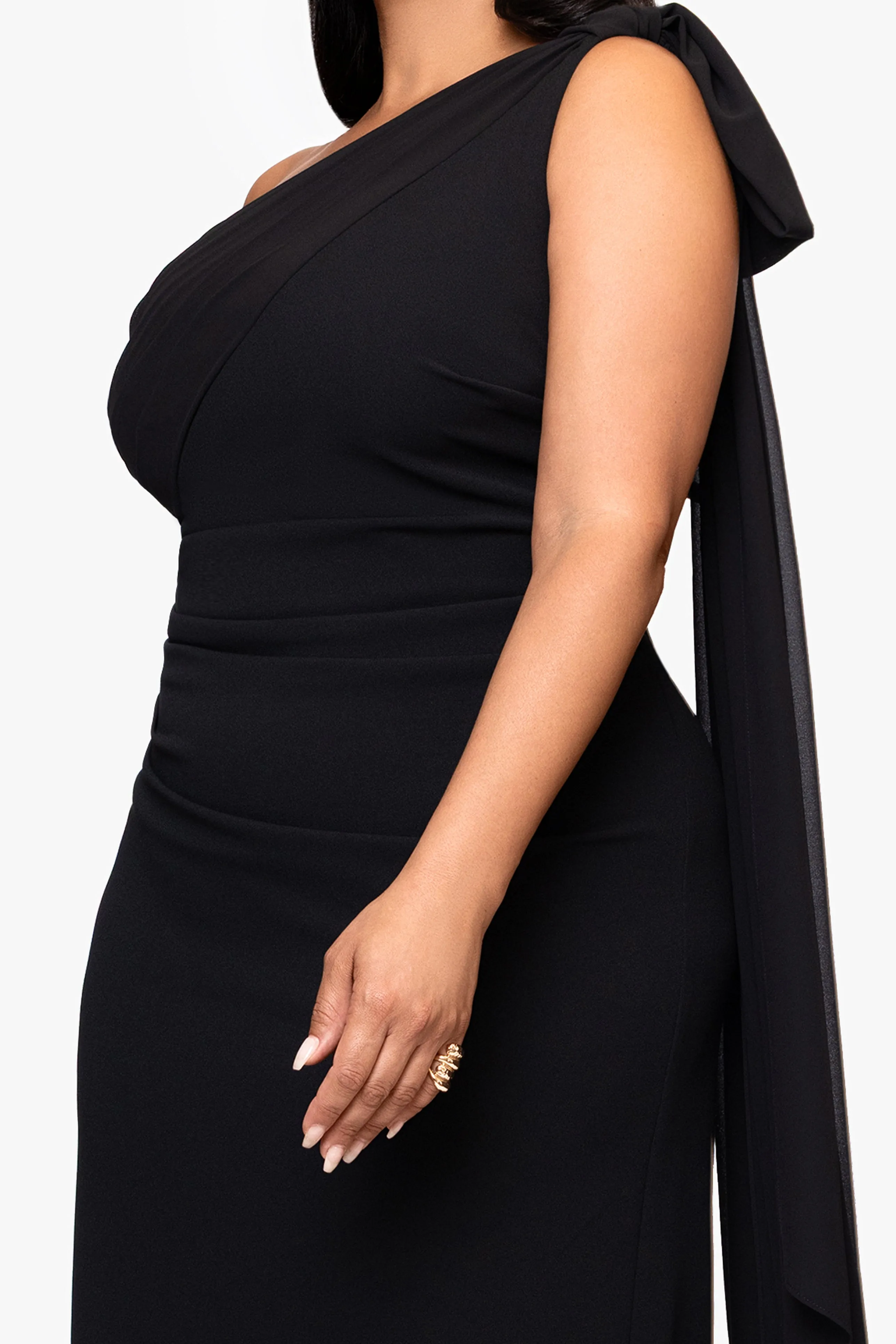 Plus "Grace" Scuba Crepe and Chiffon Cascading One Shoulder Shash Floor Length Dress sold by Xscape product image thumbnail 2