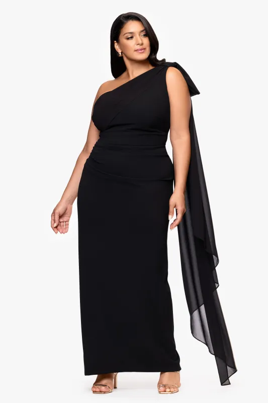 Plus "Grace" Scuba Crepe and Chiffon Cascading One Shoulder Shash Floor Length Dress sold by Xscape