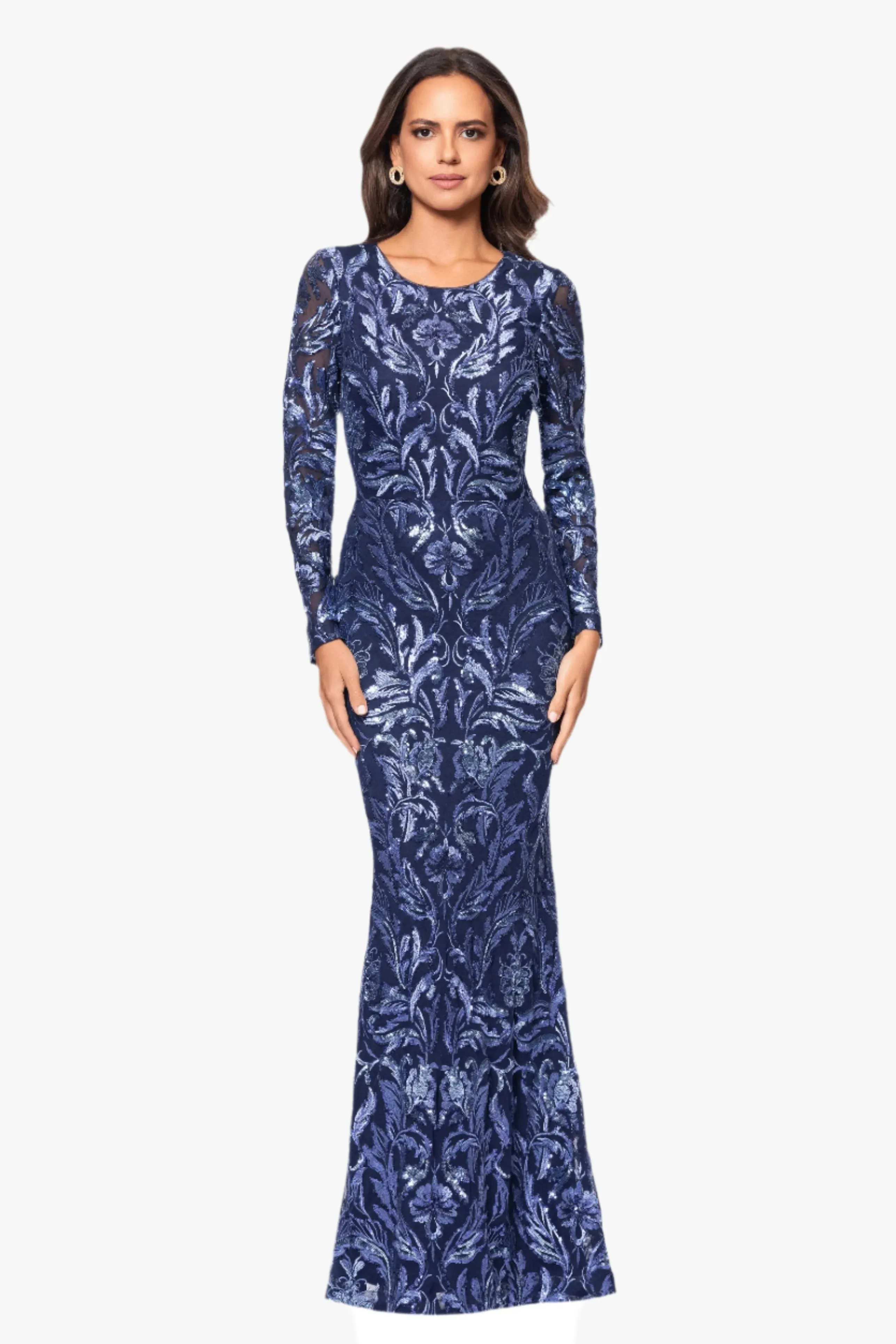 "Jen" Sequin Mesh Long Sleeve Floor Length Dress sold by Xscape