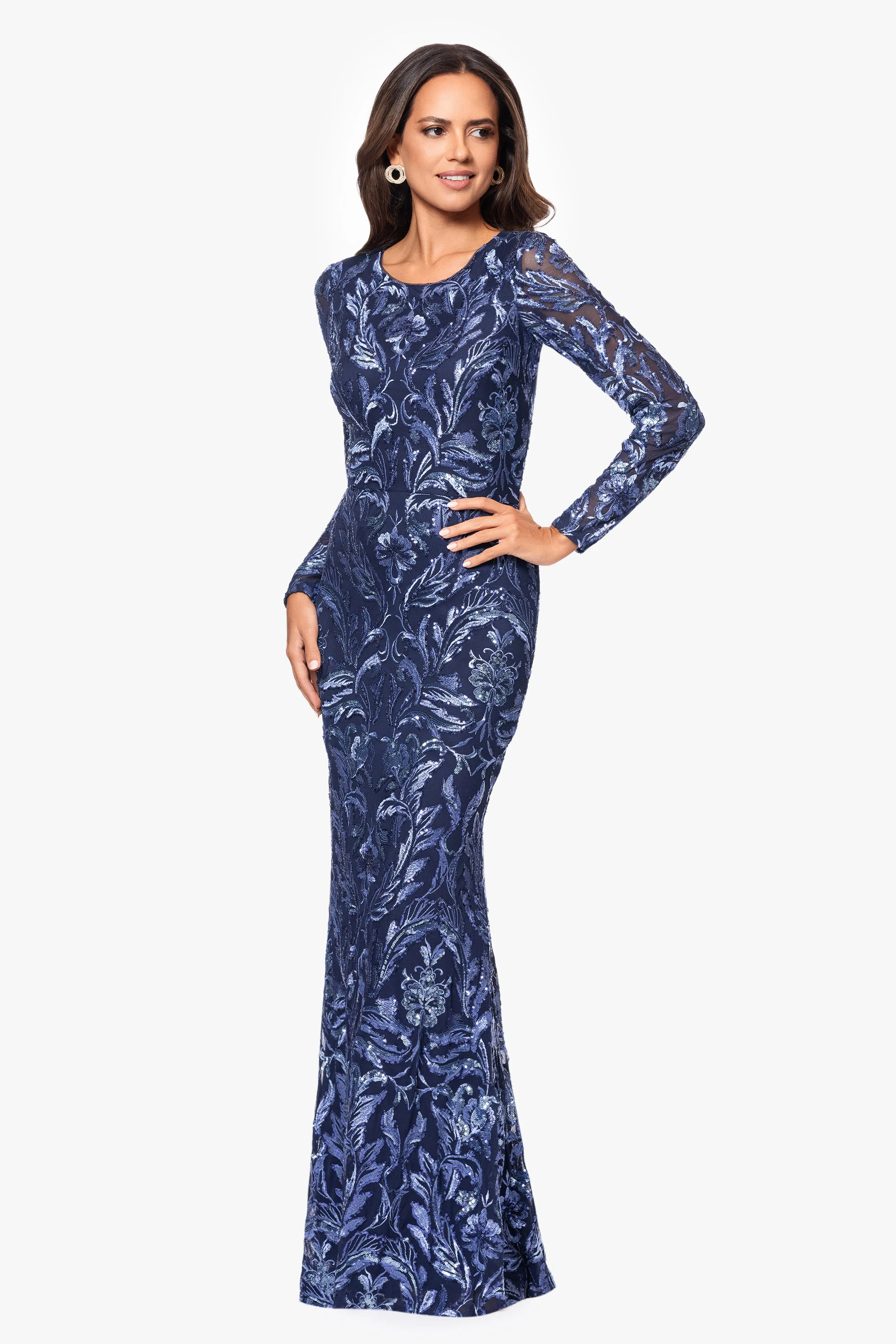 "Jen" Sequin Mesh Long Sleeve Floor Length Dress sold by Xscape product image thumbnail 4