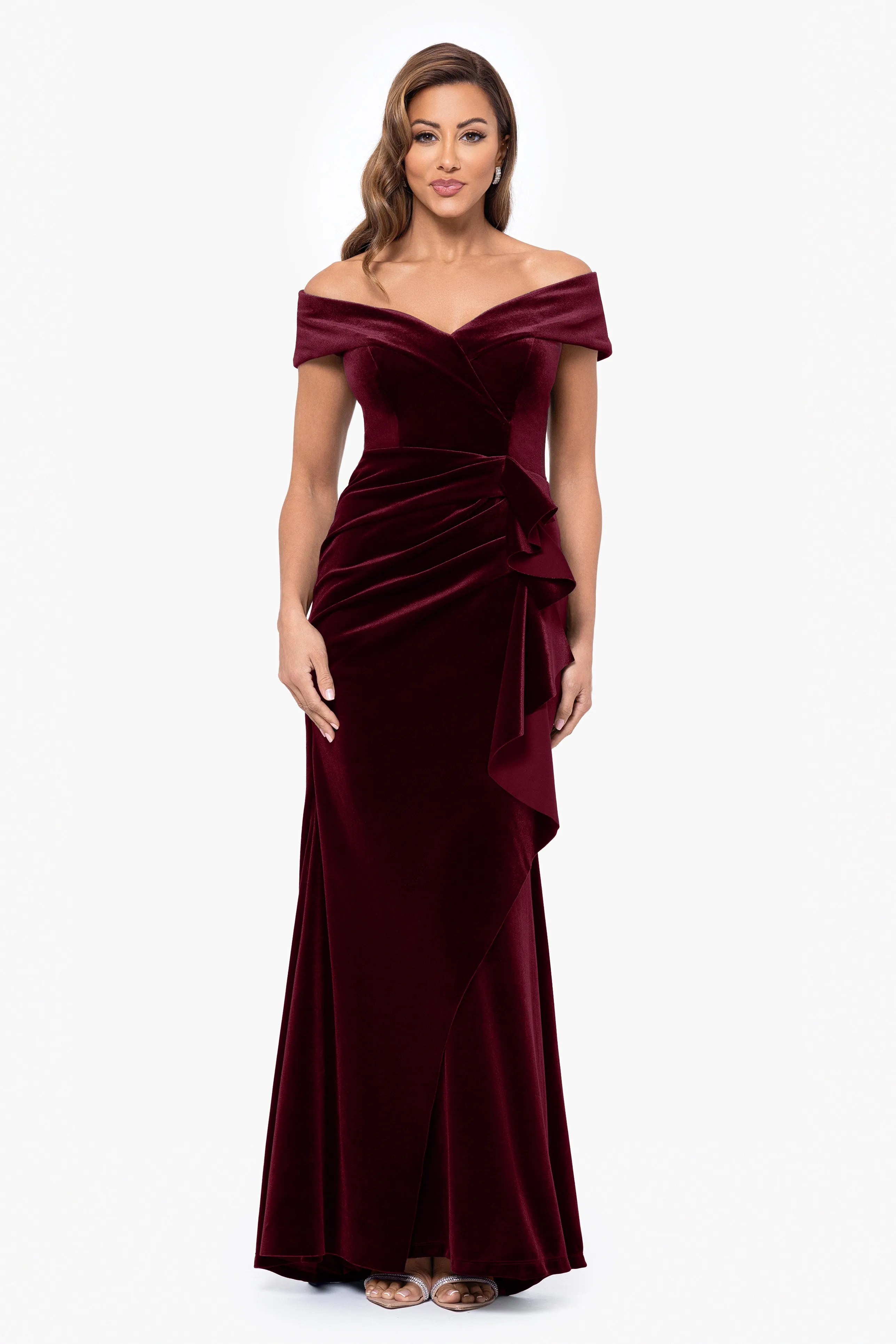 "Alana" Long Off the Shoulder Velvet Ruffle Dress sold by Xscape