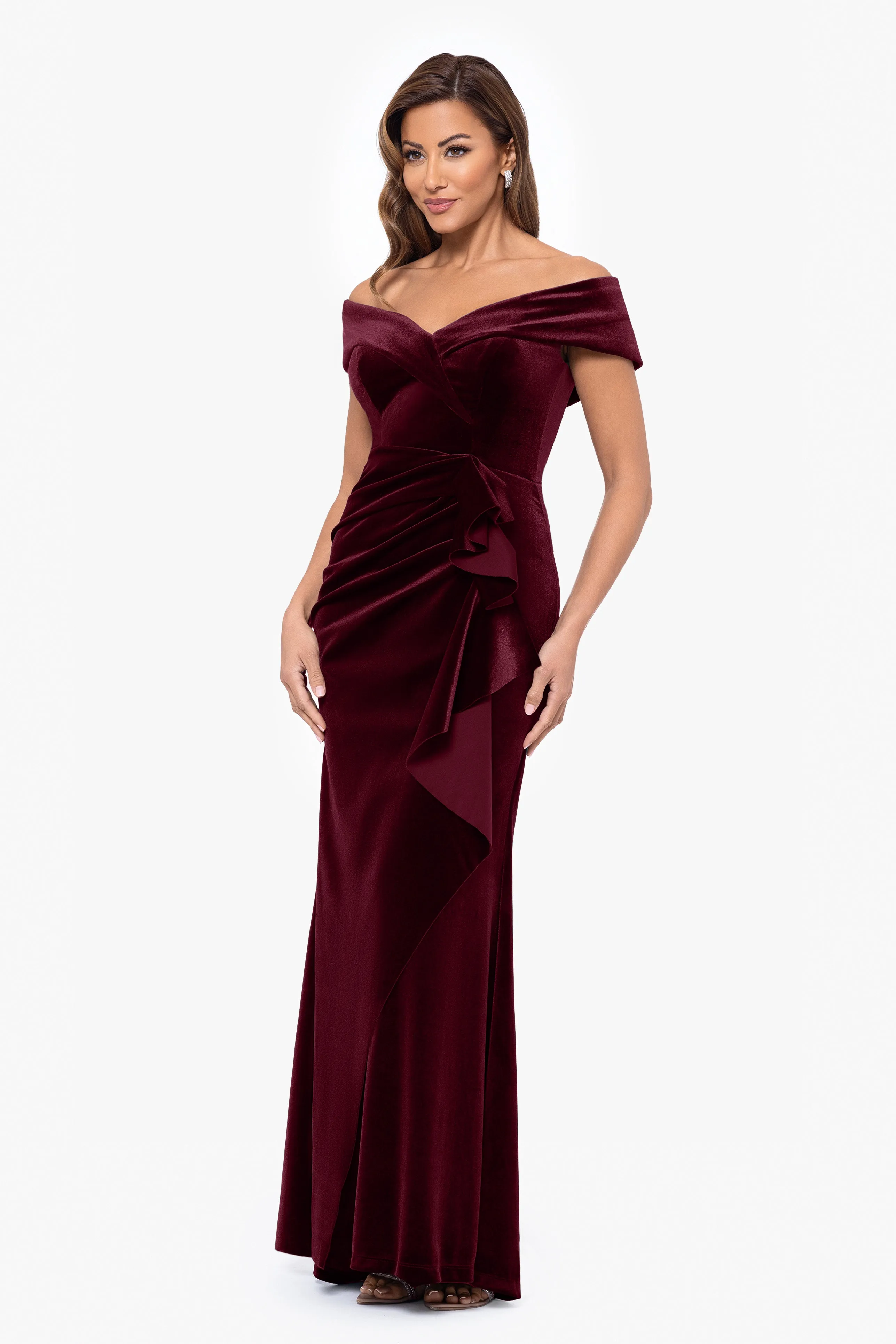 "Alana" Long Off the Shoulder Velvet Ruffle Dress sold by Xscape product image thumbnail 4