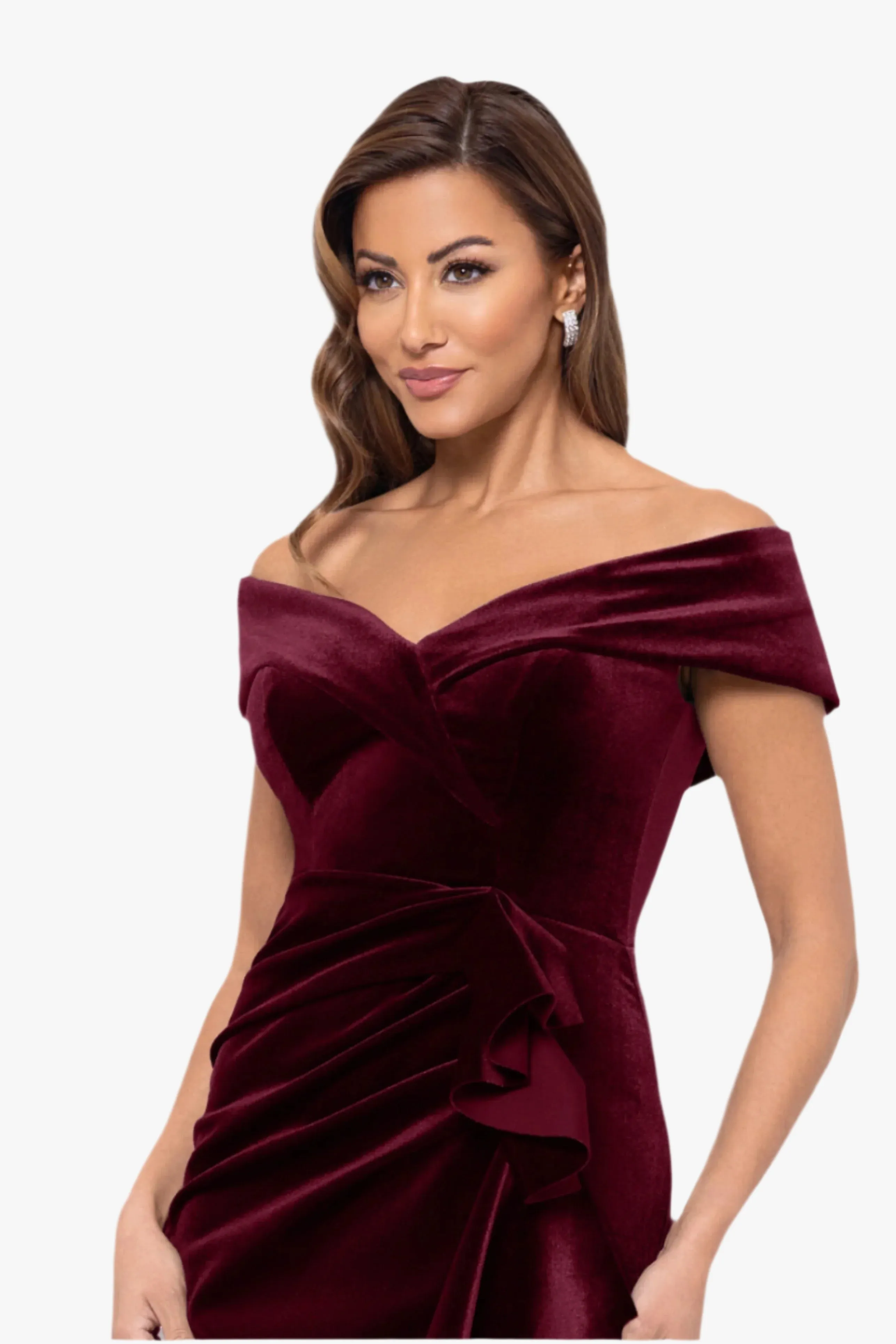 "Alana" Long Off the Shoulder Velvet Ruffle Dress sold by Xscape product image thumbnail 2
