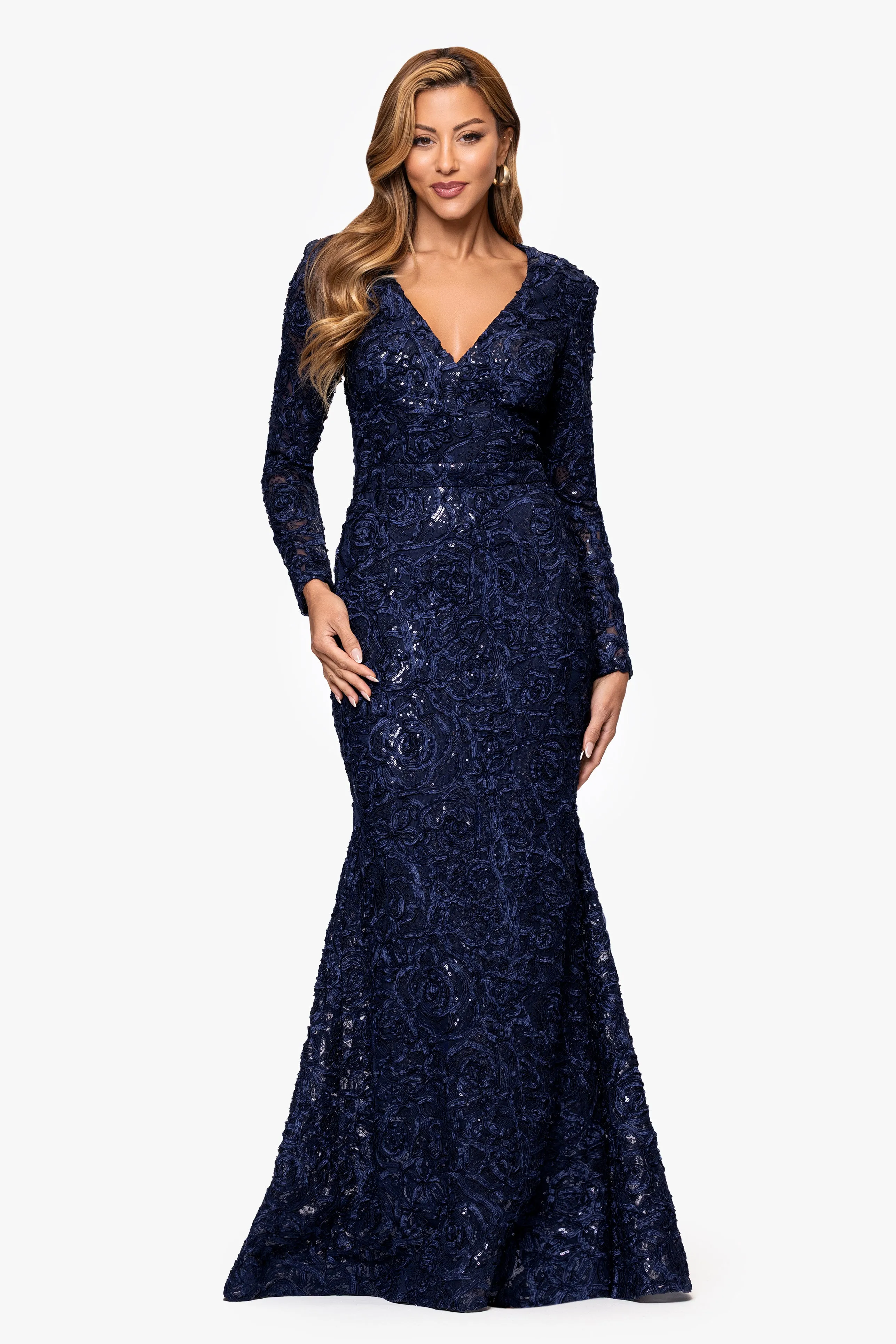 "Fallon" Soutache Lace Sequin Embellished Long Sleeve Floor Length Dress sold by Xscape