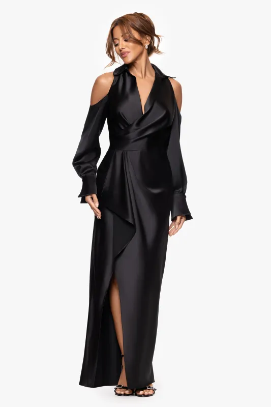 "Raya" Satin Cold Shoulder Collared Long Sleeve Dress sold by Xscape