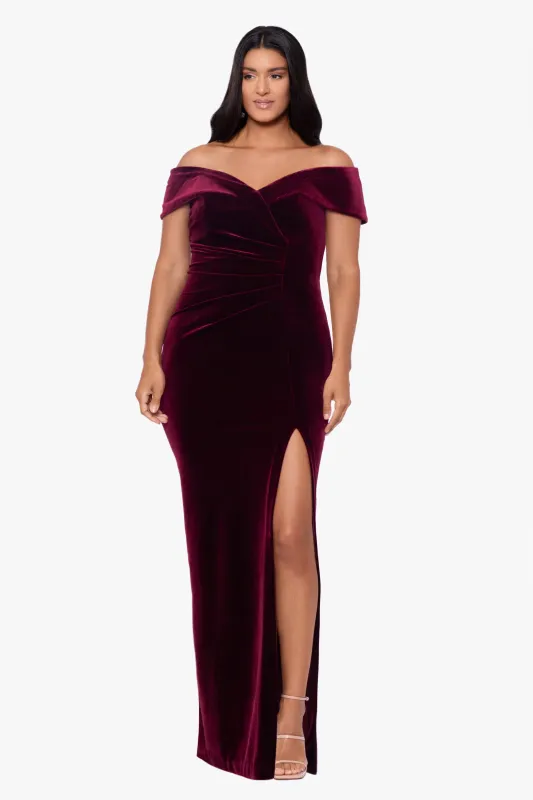 Plus "Charmaine" Long Off the Shoulder Velvet Gown sold by Xscape