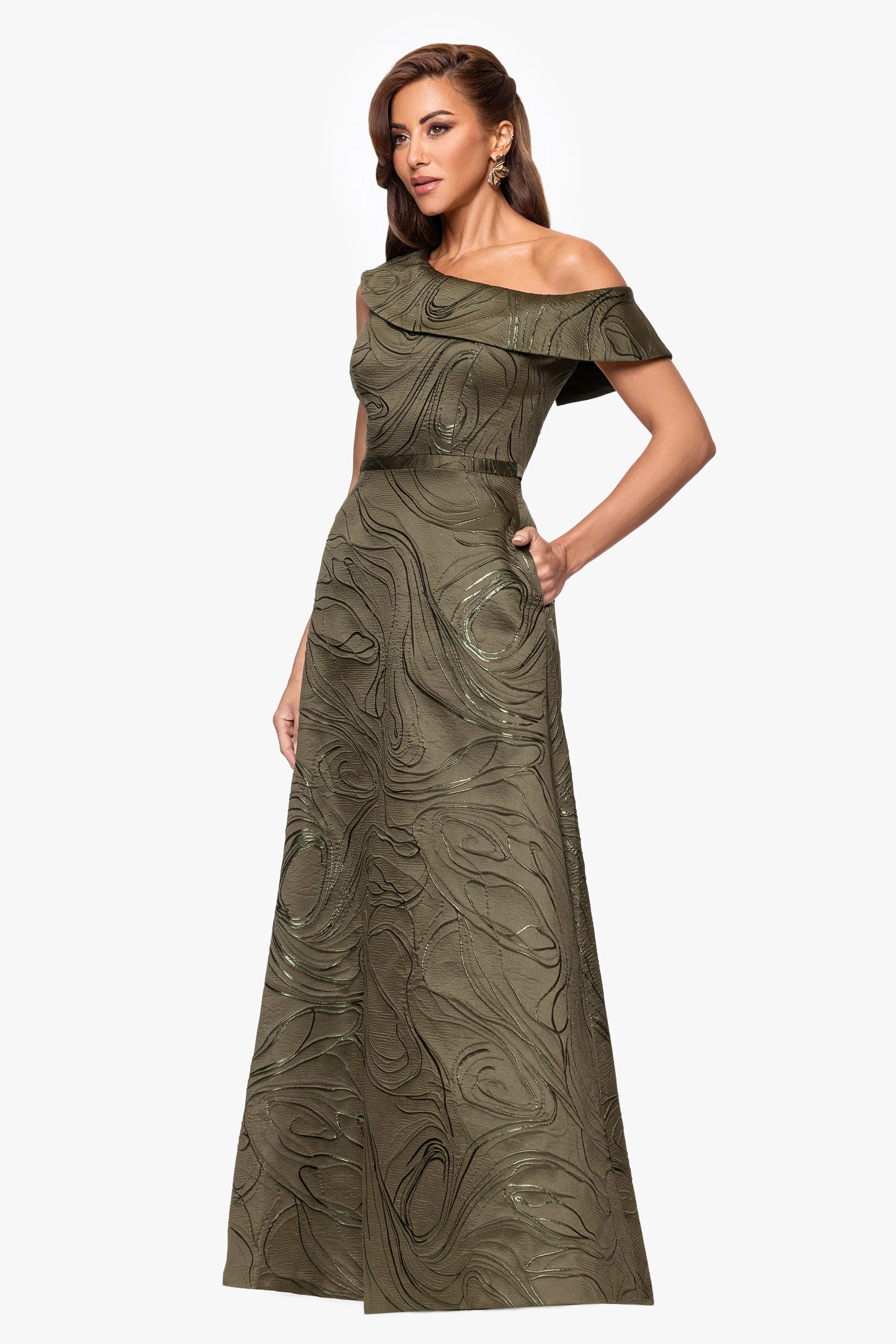 "Eliana" Jacquard Drop Shoulder Floor Length Dress sold by Xscape product image thumbnail 4