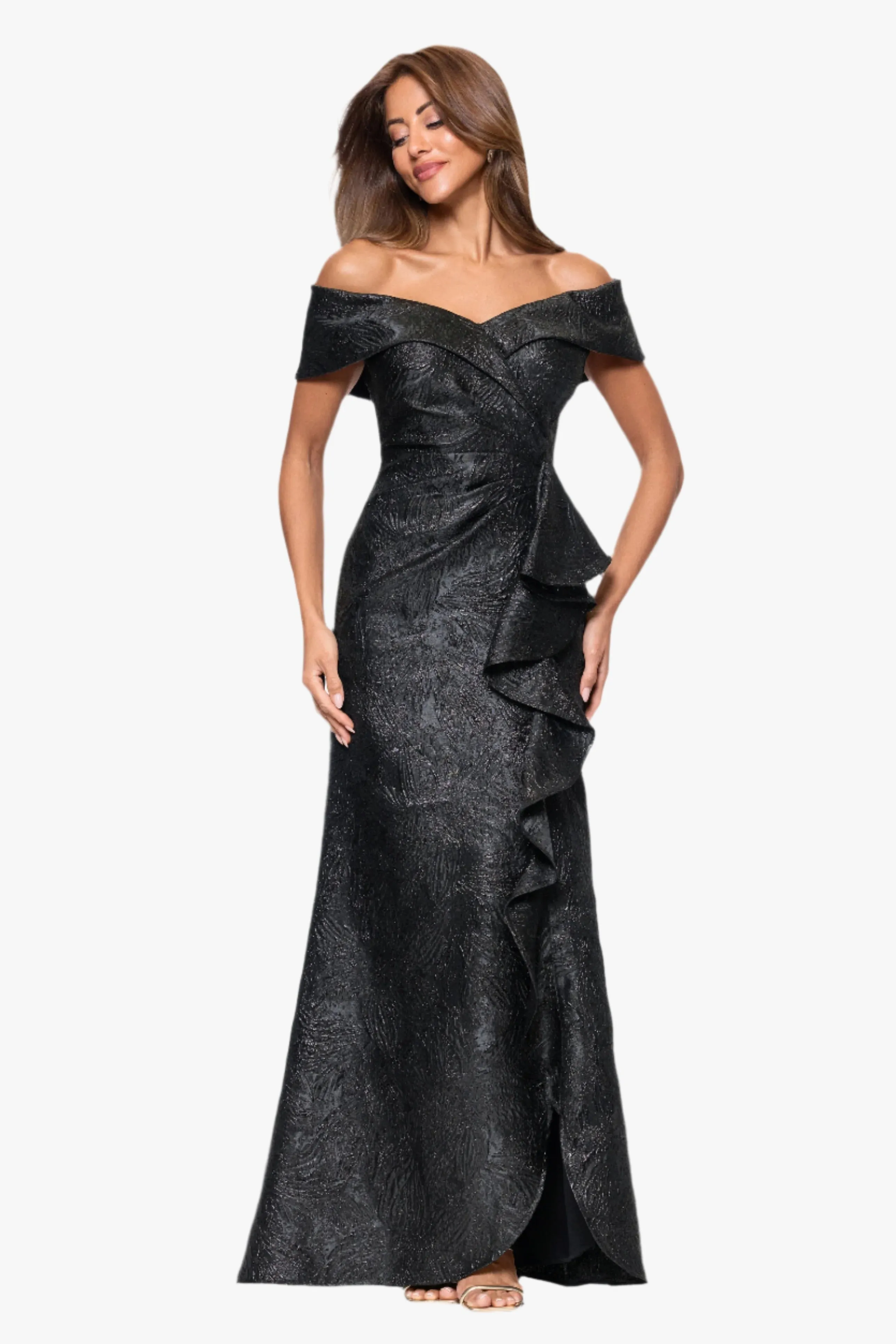 "Hazel" Brocade Off the Shoulder Ruffle Floor Length Dress sold by Xscape
