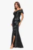 "Hazel" Brocade Off the Shoulder Ruffle Floor Length Dress sold by Xscape