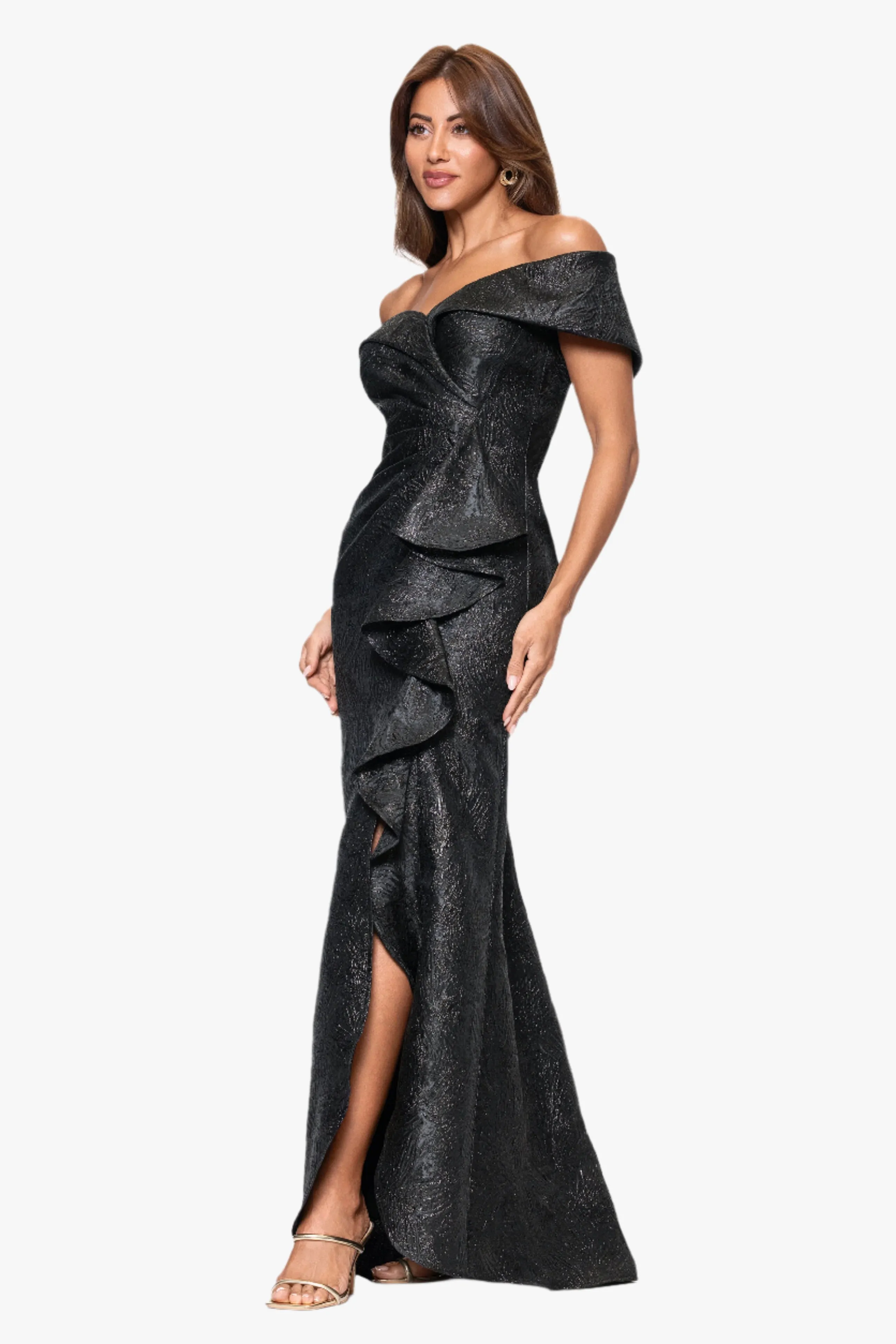 "Hazel" Brocade Off the Shoulder Ruffle Floor Length Dress sold by Xscape product image thumbnail 4