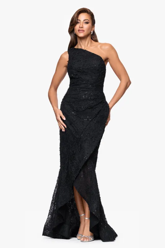 "Zoey" Lace Embellished One Shoulder Floor Length Dress sold by Xscape