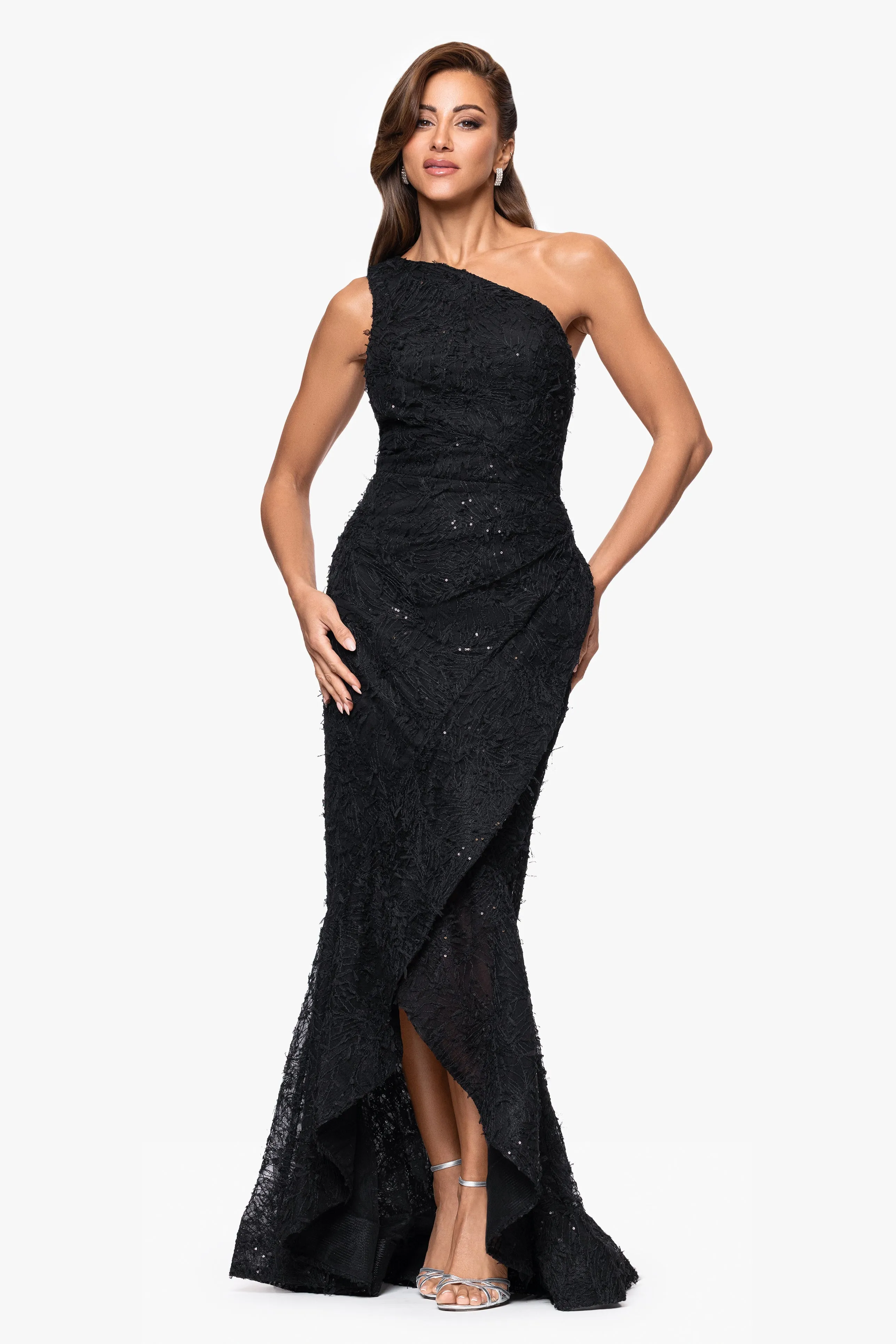 "Zoey" Lace Embellished One Shoulder Floor Length Dress sold by Xscape