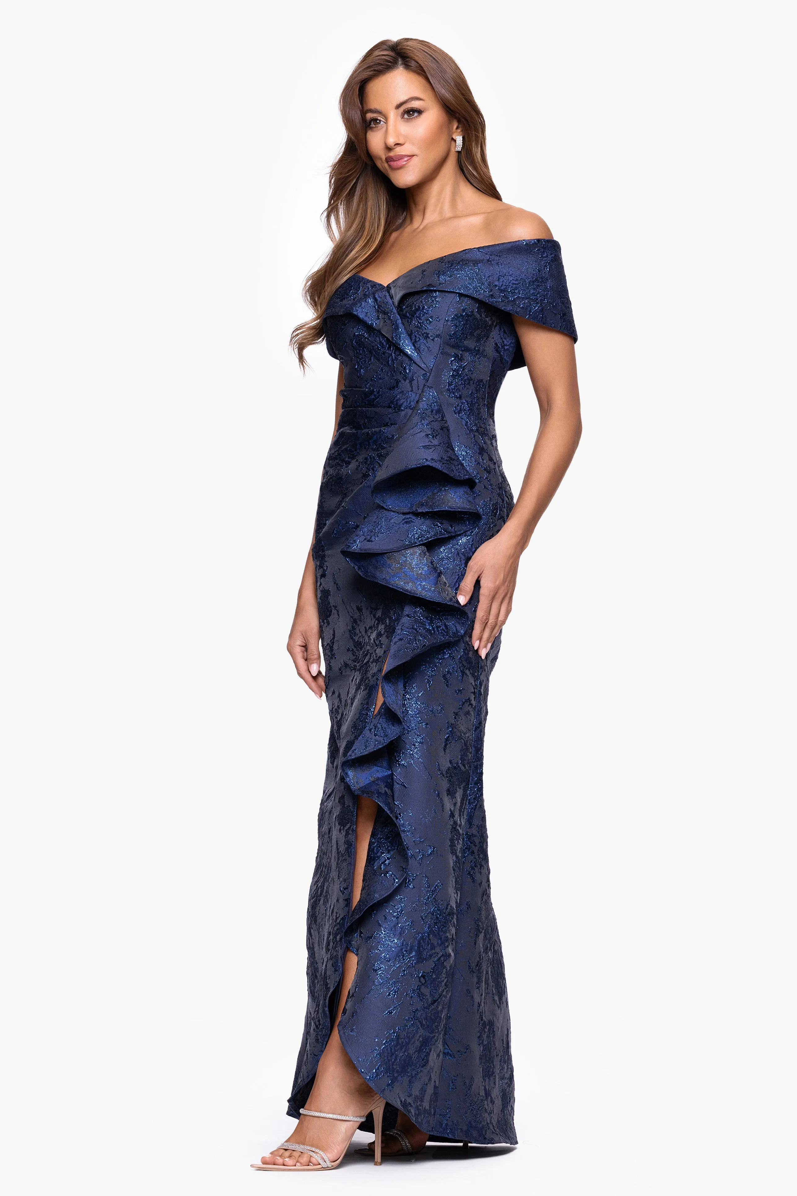 "Genevieve" Brocade Off the Shoulder Ruffle Floor Length Dress sold by Xscape product image thumbnail 4