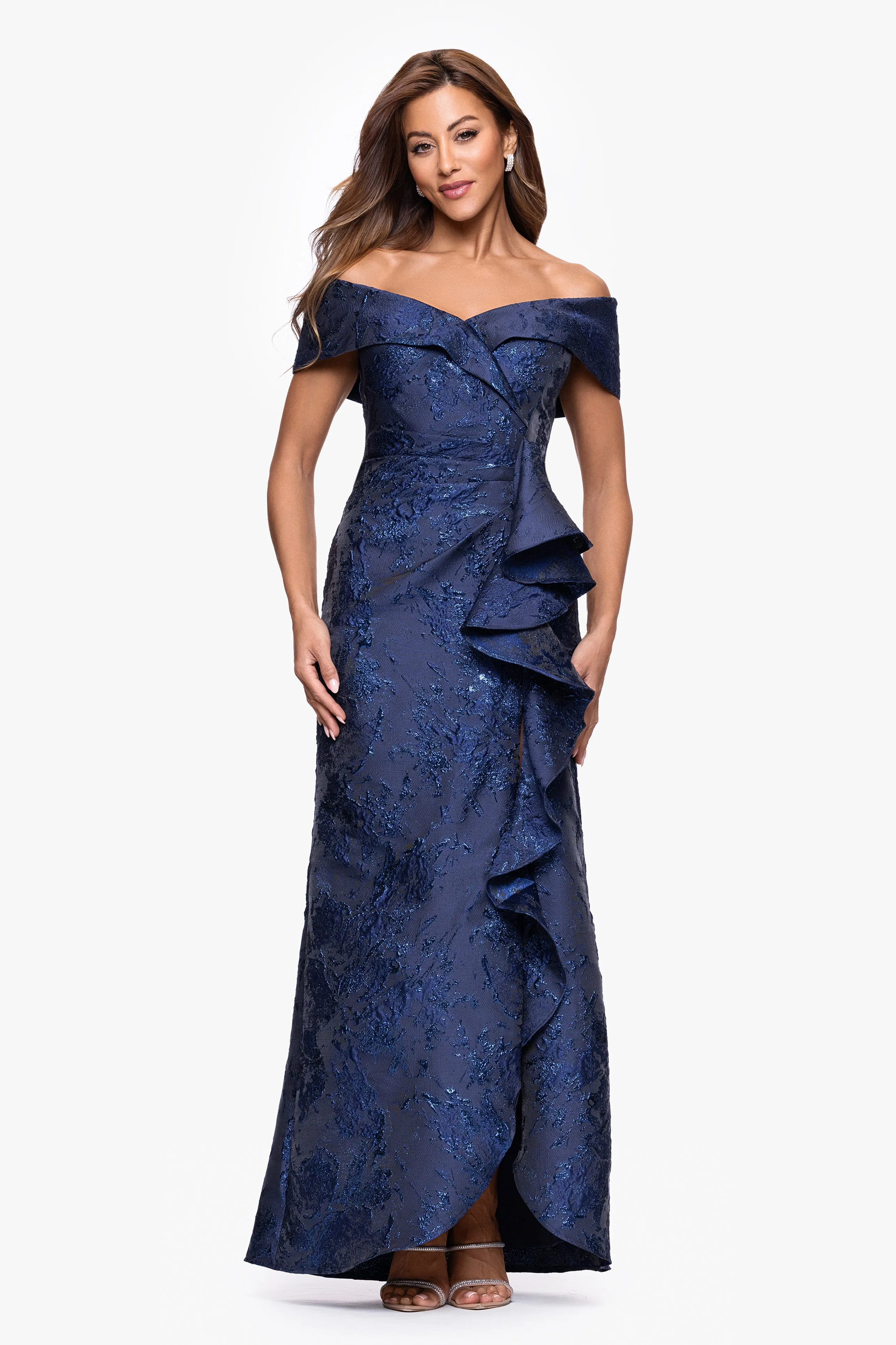 "Genevieve" Brocade Off the Shoulder Ruffle Floor Length Dress sold by Xscape product image thumbnail 5