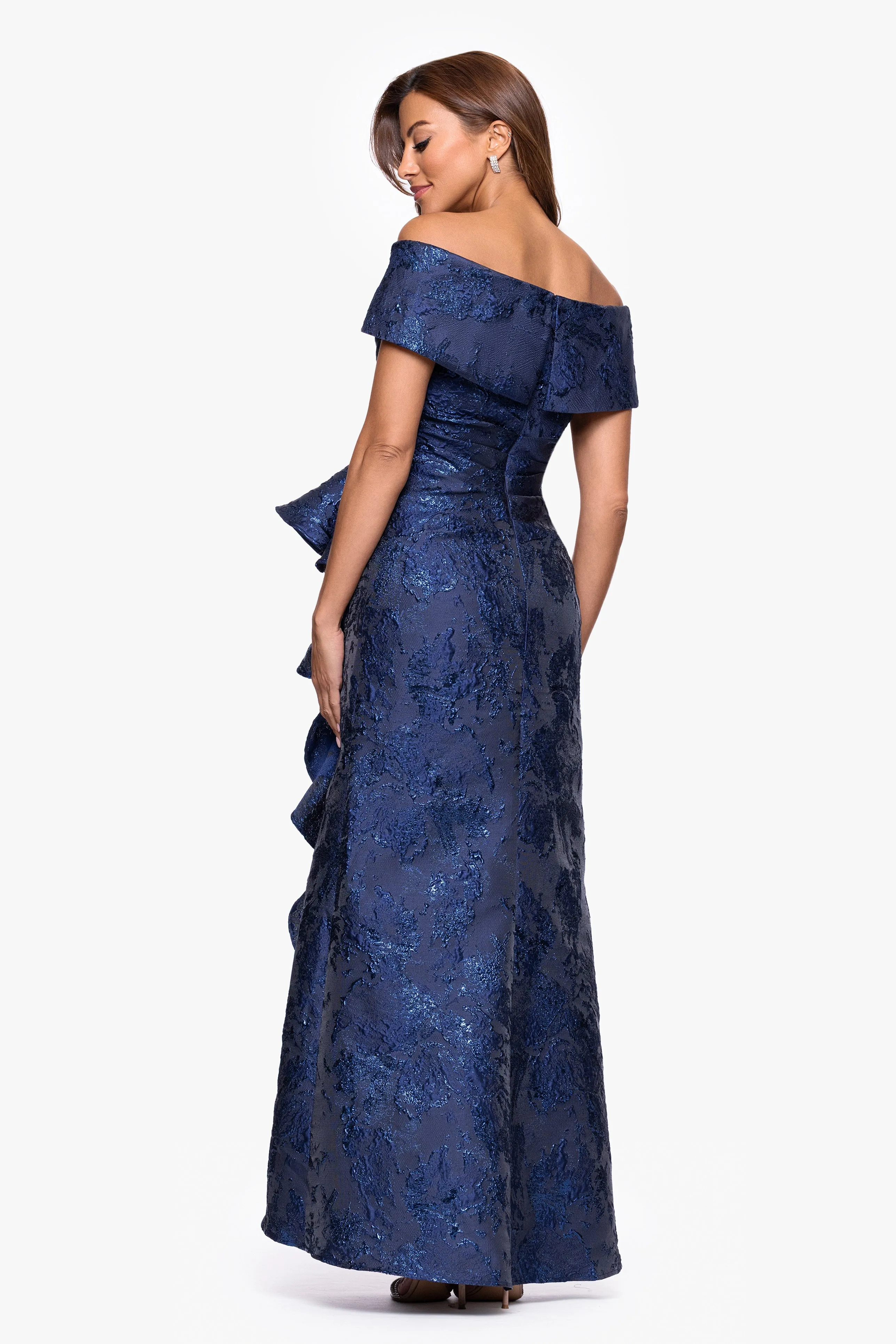 "Genevieve" Brocade Off the Shoulder Ruffle Floor Length Dress sold by Xscape product image thumbnail 3