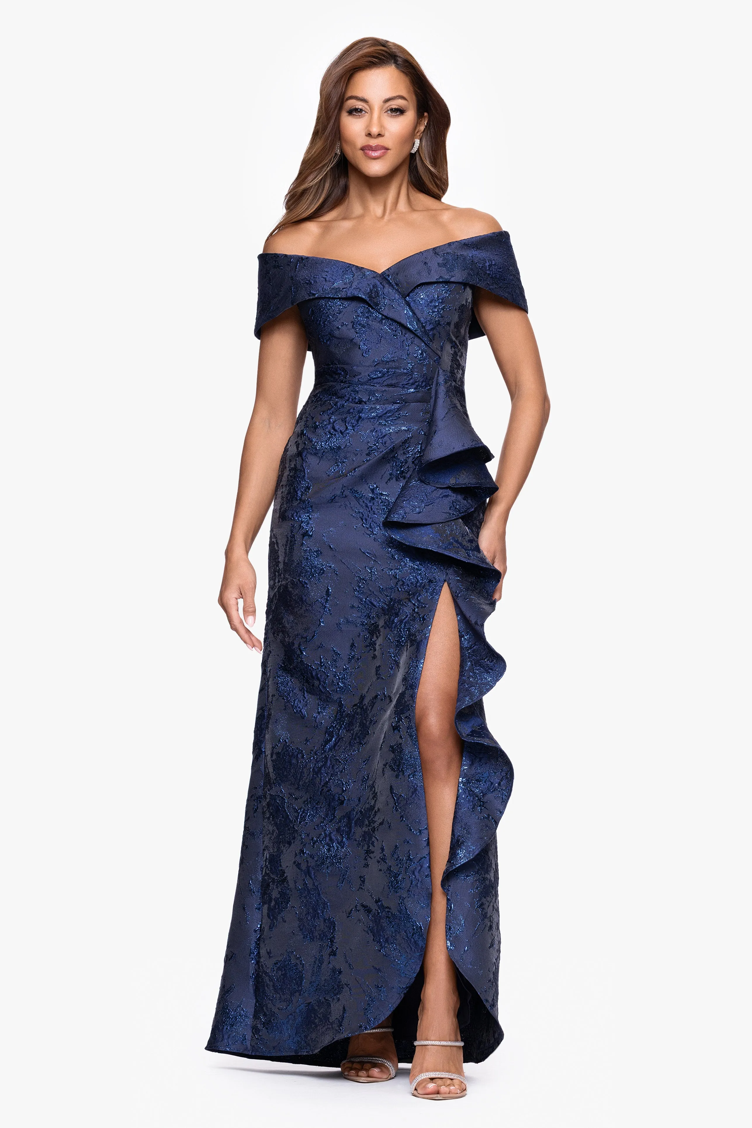 "Genevieve" Brocade Off the Shoulder Ruffle Floor Length Dress sold by Xscape