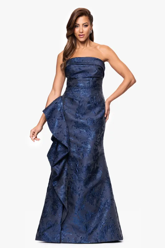 "Miranda" Brocade Strapless Ruffle Floor Length Dress sold by Xscape