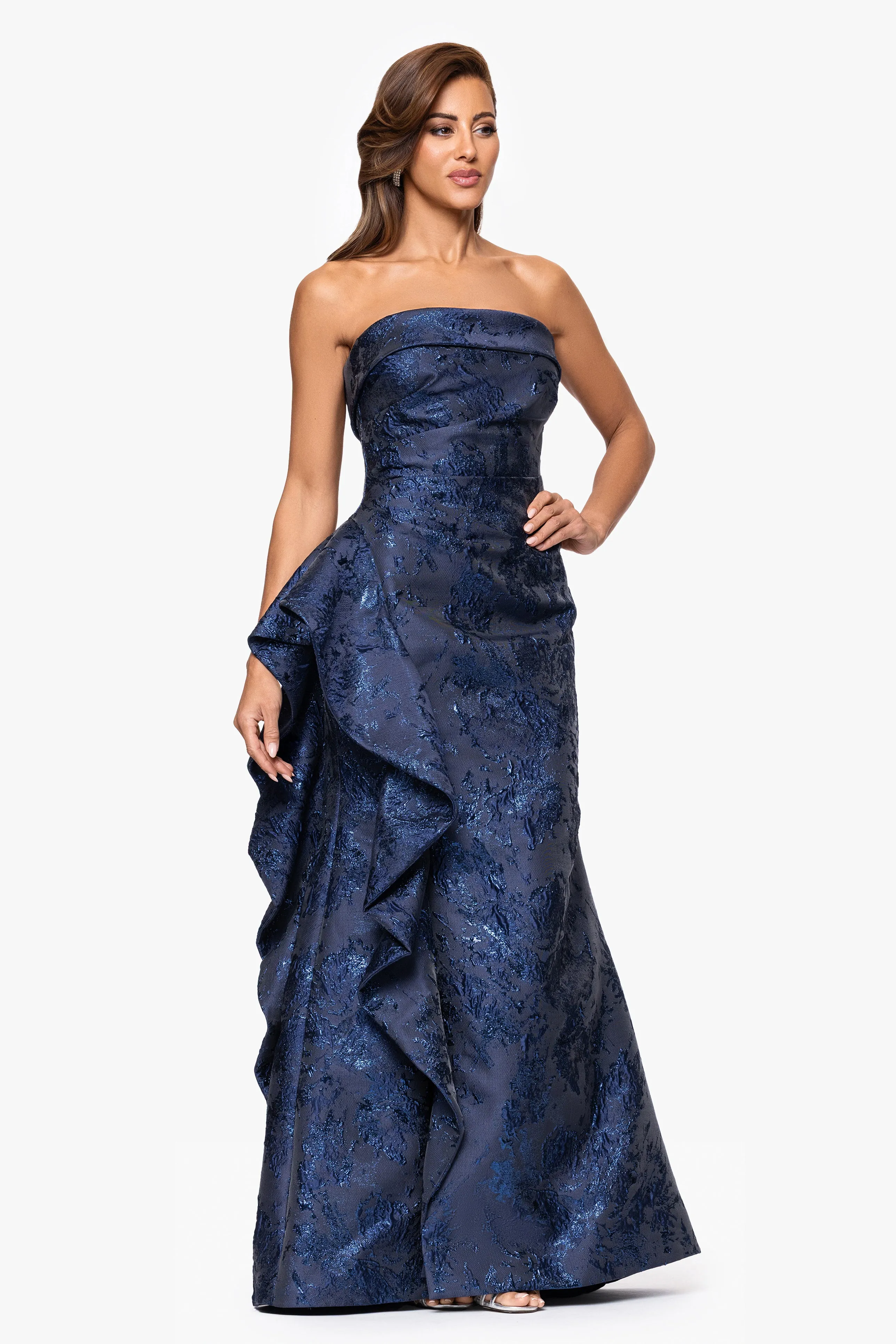 "Miranda" Brocade Strapless Ruffle Floor Length Dress sold by Xscape product image thumbnail 4