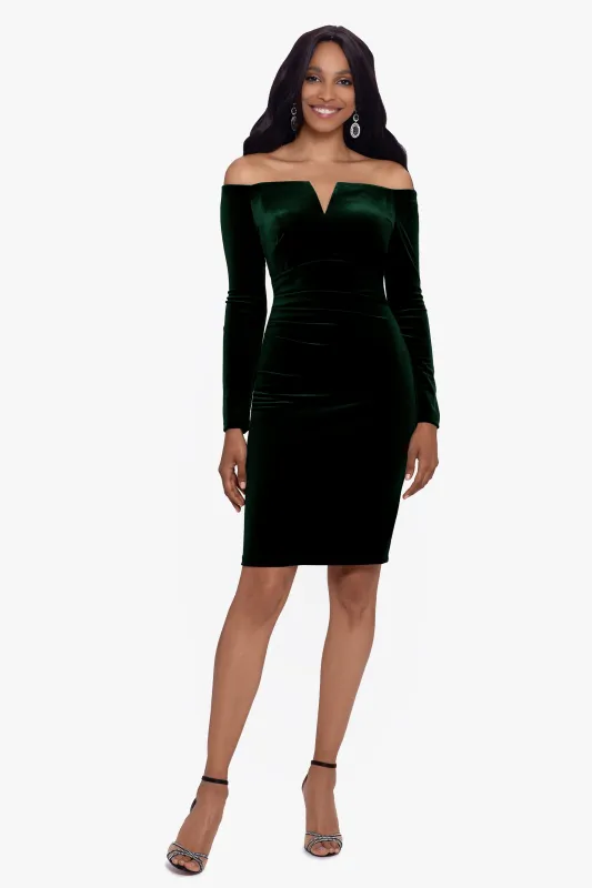 "Jody" Velvet Off the Shoulder V-Neck Short Dress sold by Xscape