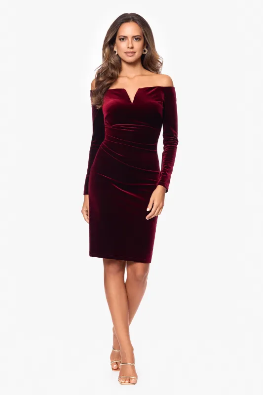 "Jody" Velvet Off the Shoulder V-Neck Short Dress sold by Xscape