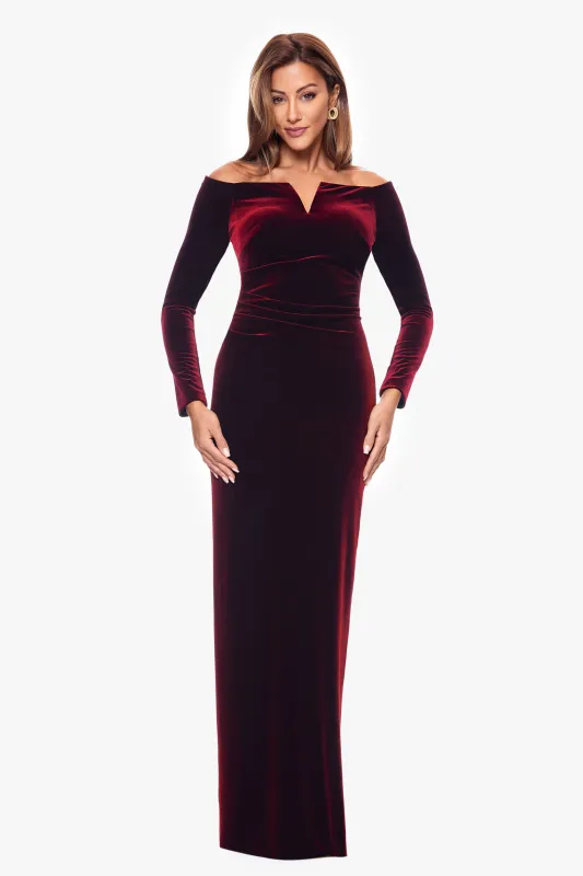 "Christy" Long Off the Shoulder Velvet Dress sold by Xscape