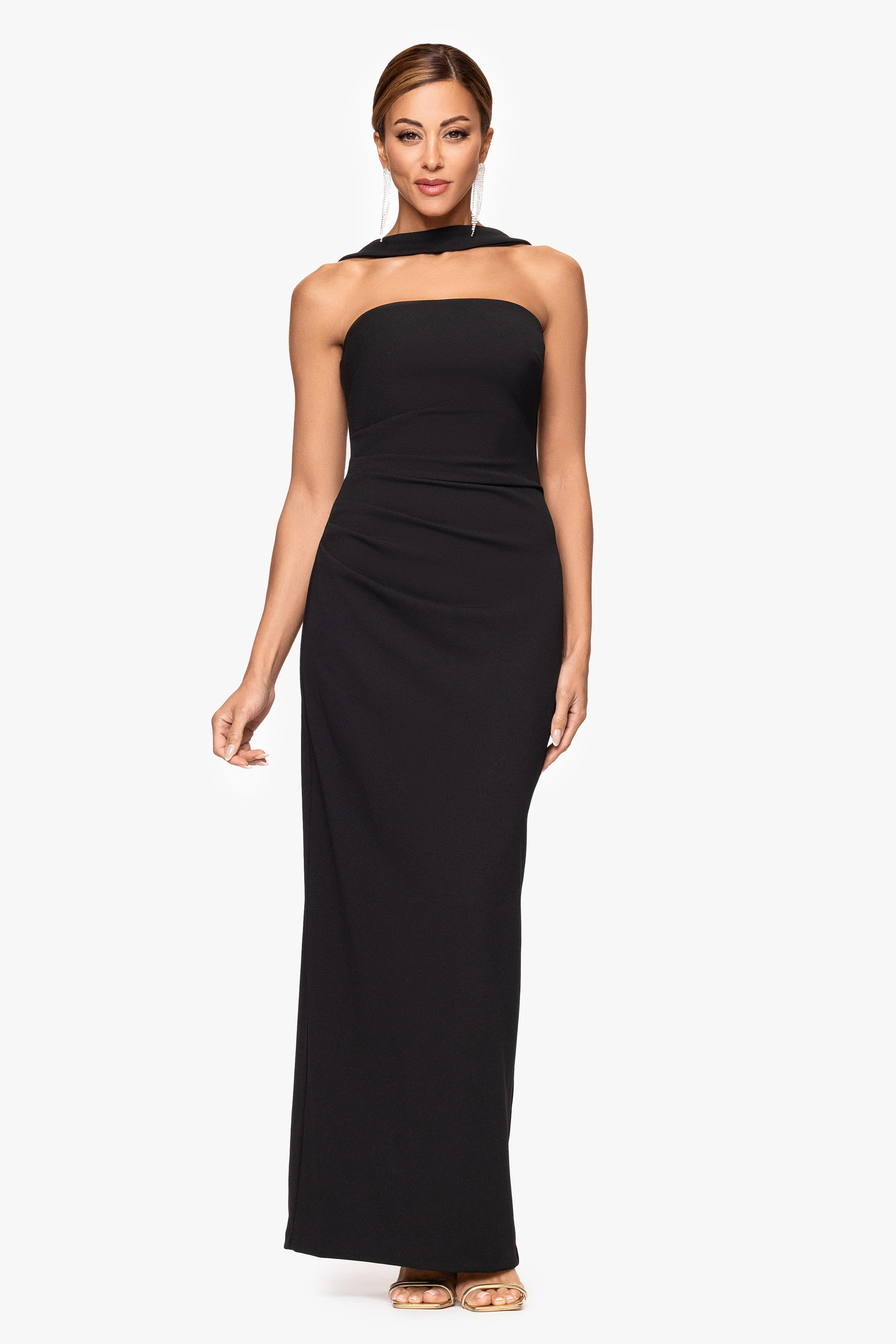 "Simone" Scuba Crepe Strapless Draped Neck Floor Length Dress sold by Xscape