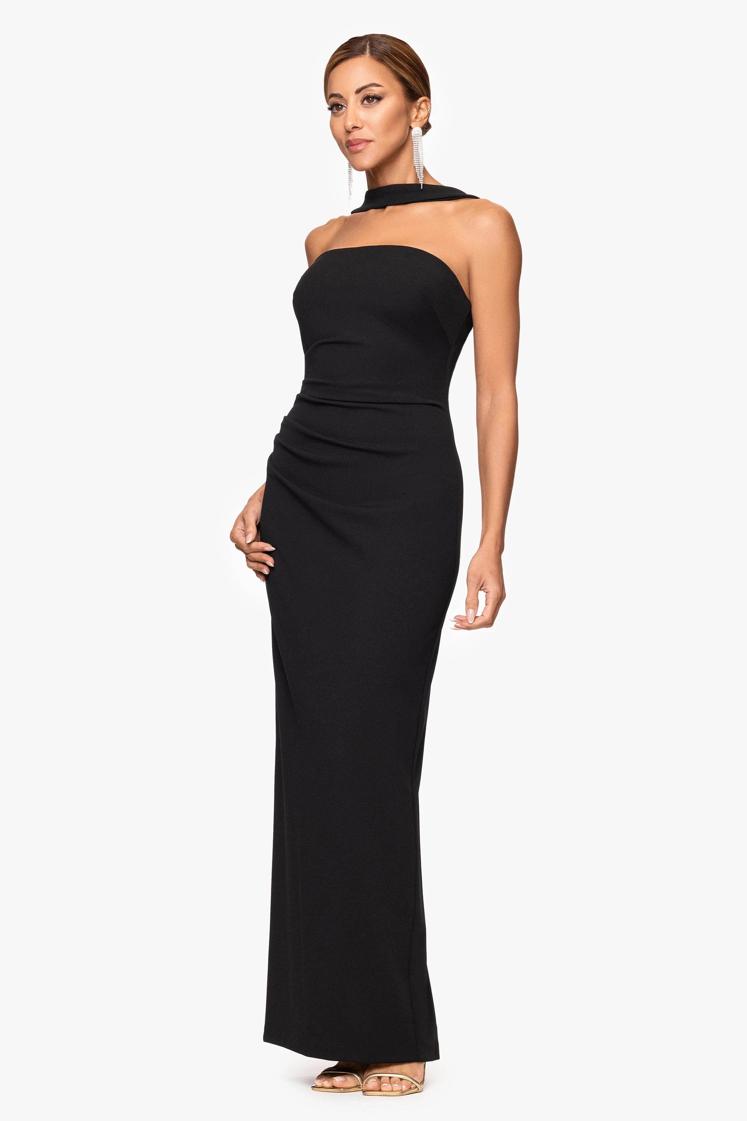 "Simone" Scuba Crepe Strapless Draped Neck Floor Length Dress sold by Xscape product image thumbnail 4