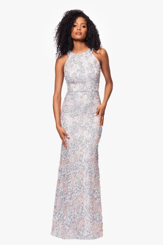 "Andrea" Halter Neck Soutache Lace Floor Length Dress sold by Xscape