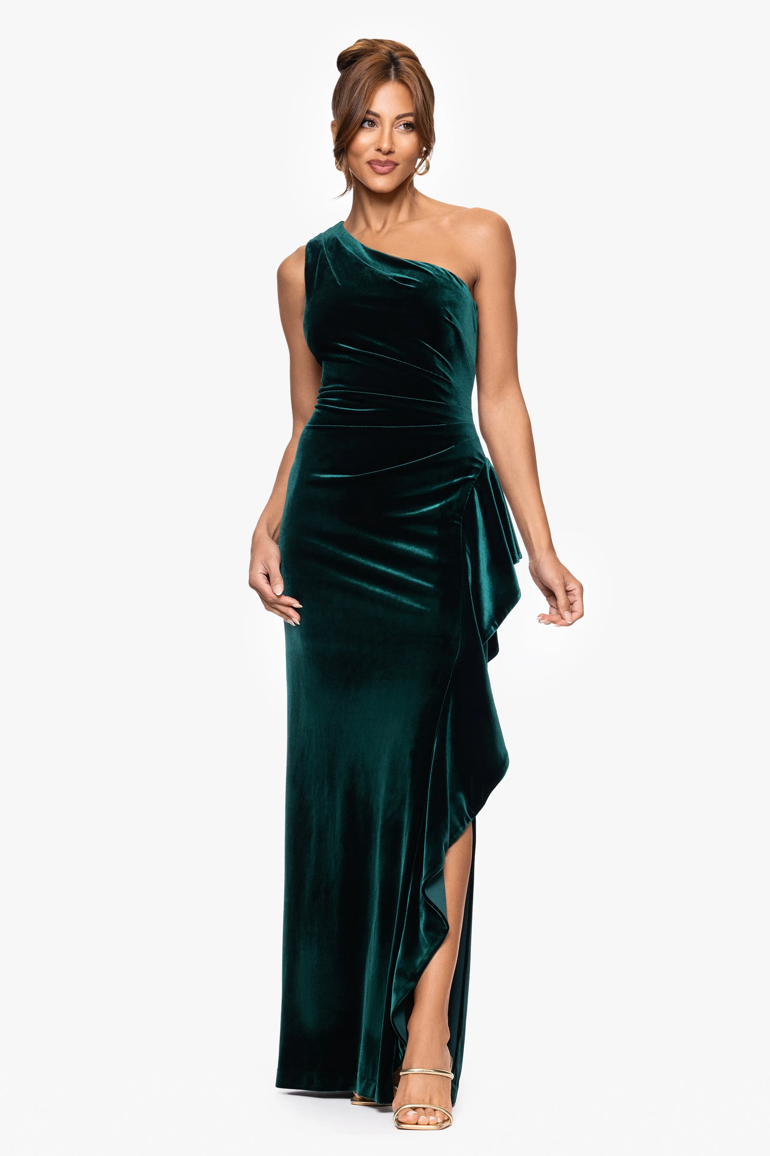 "Riley" Velvet One Shoulder Ruffle Floor Length Dress sold by Xscape