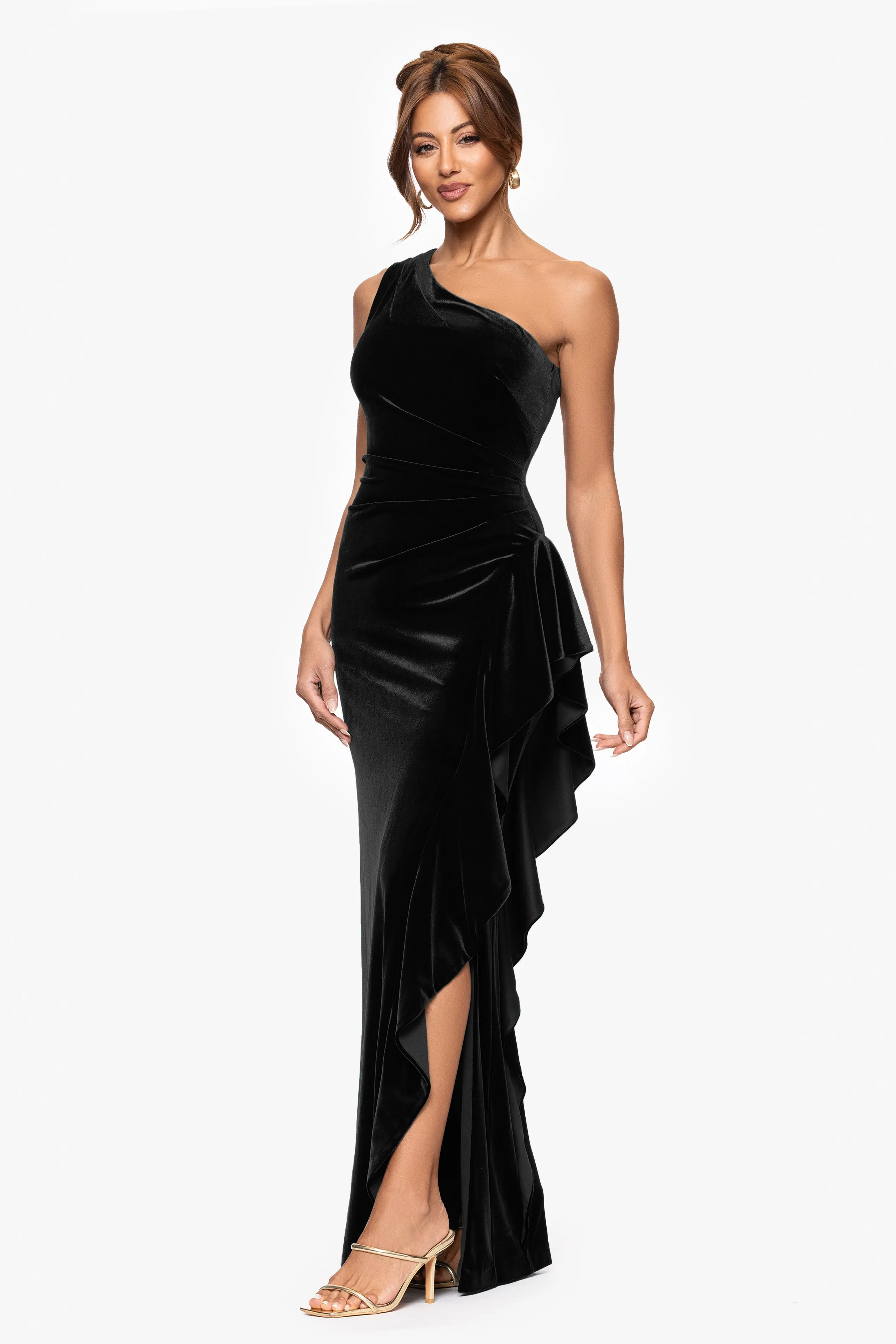 "Riley" Velvet One Shoulder Ruffle Floor Length Dress sold by Xscape product image thumbnail 4