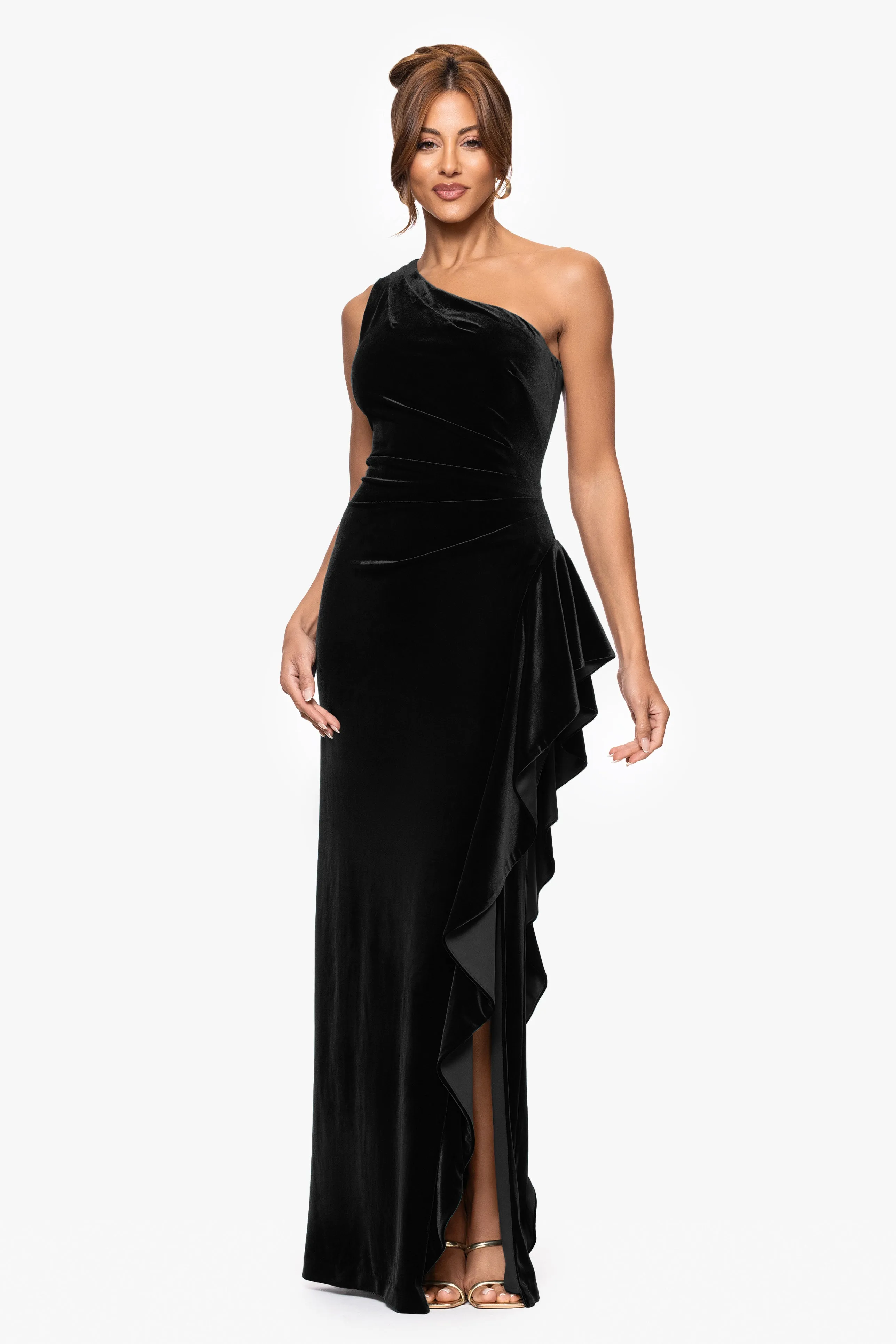 "Riley" Velvet One Shoulder Ruffle Floor Length Dress sold by Xscape
