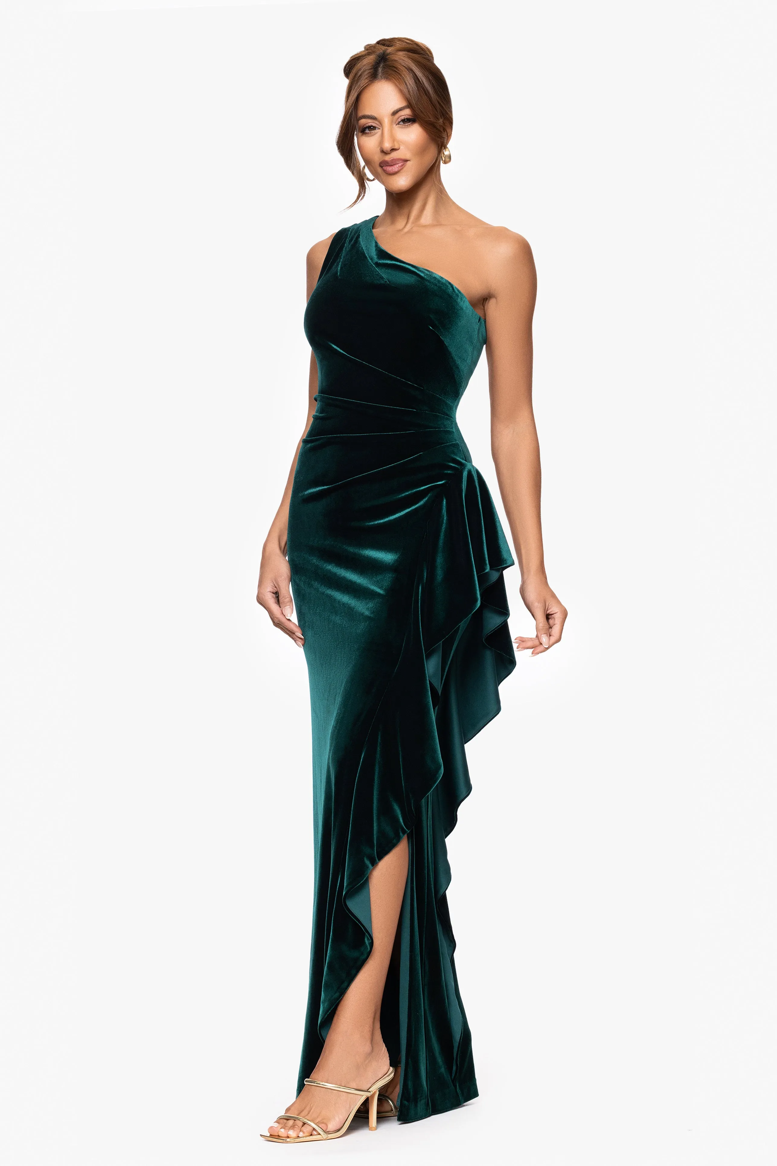 Petite "Riley" Velvet One Shoulder Ruffle Floor Length Dress sold by Xscape product image thumbnail 4