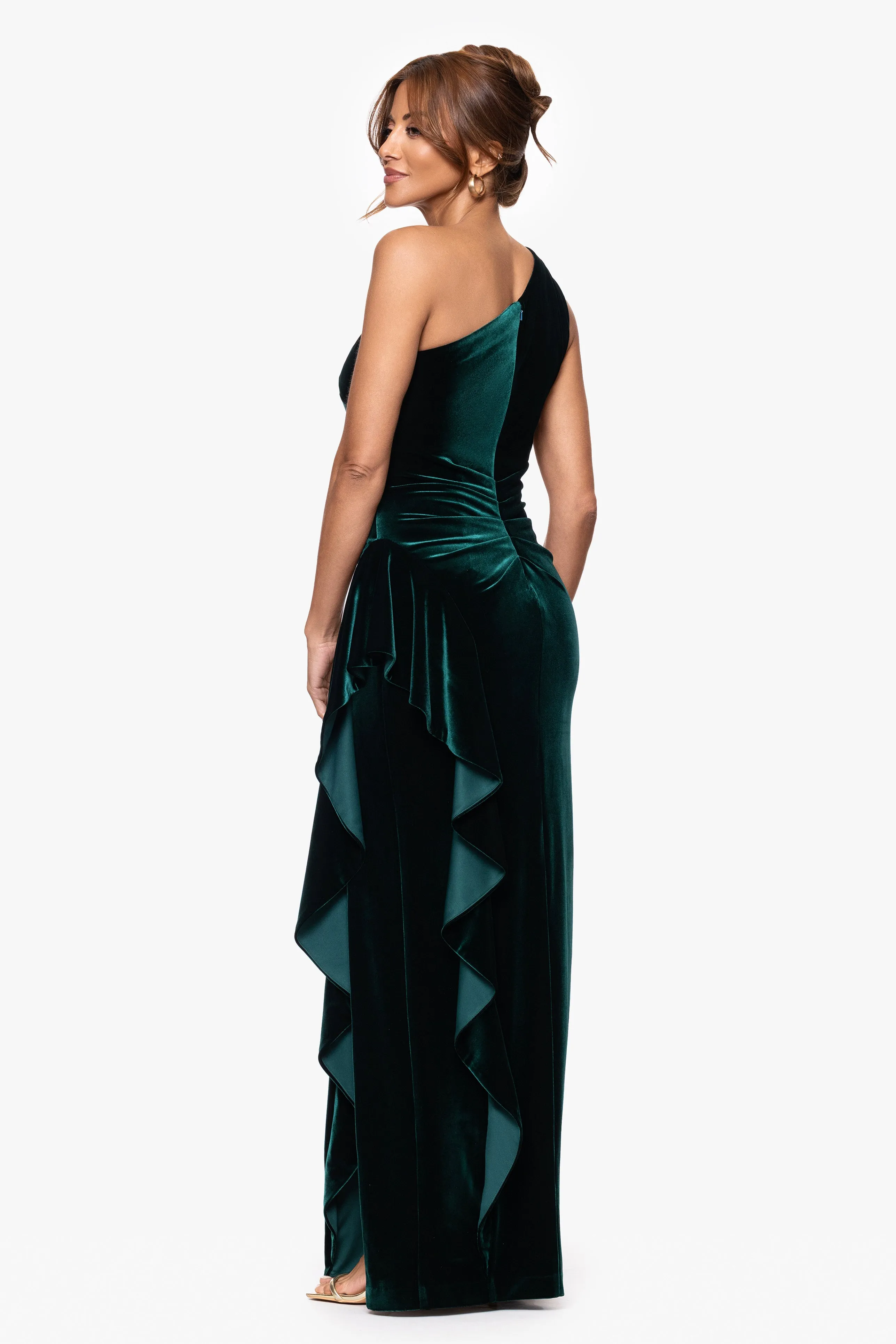 Petite "Riley" Velvet One Shoulder Ruffle Floor Length Dress sold by Xscape product image thumbnail 3