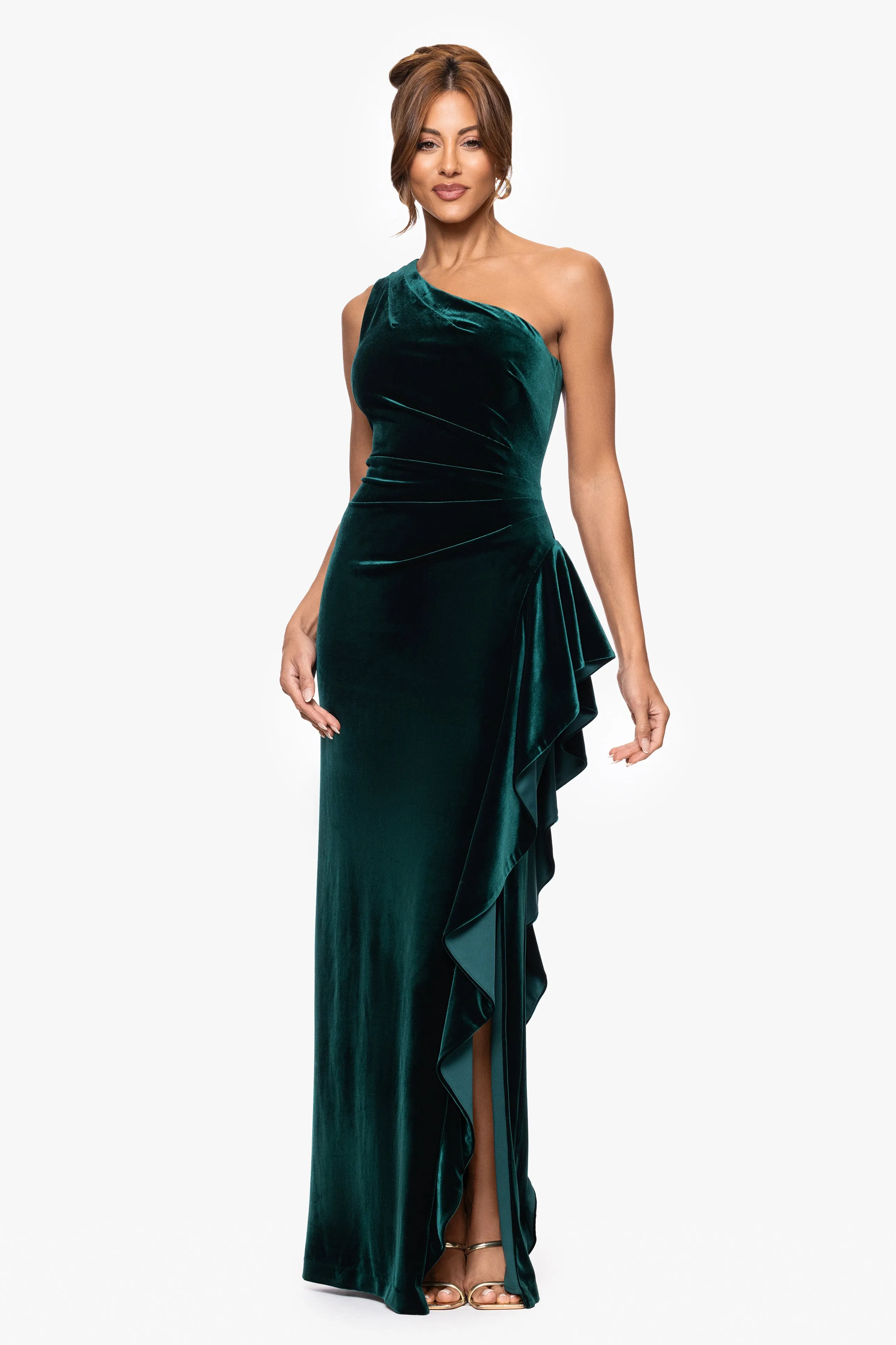 Petite "Riley" Velvet One Shoulder Ruffle Floor Length Dress sold by Xscape
