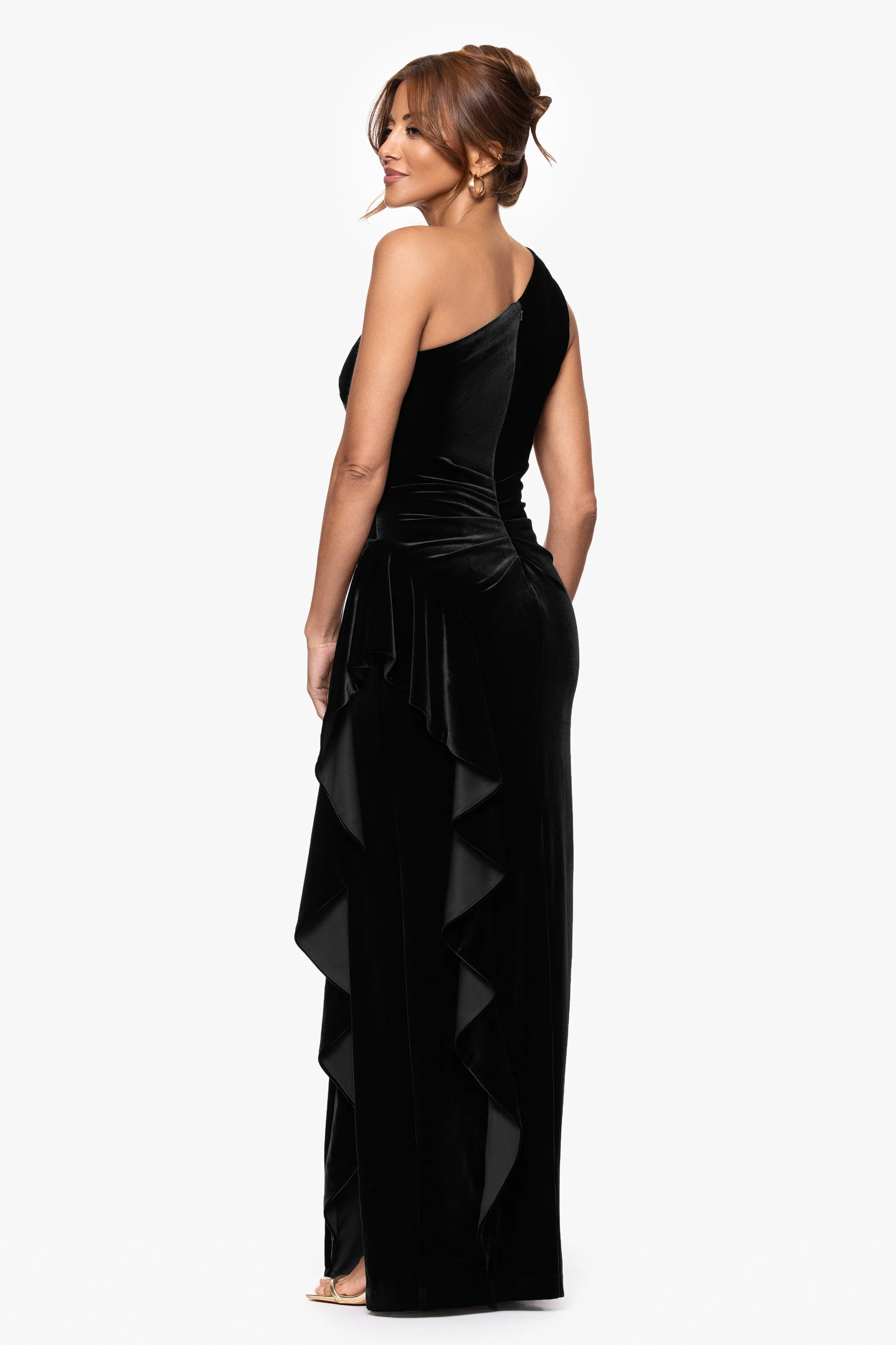 Petite "Riley" Velvet One Shoulder Ruffle Floor Length Dress sold by Xscape product image thumbnail 3
