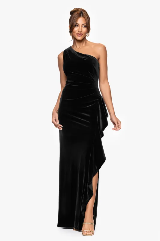Petite "Riley" Velvet One Shoulder Ruffle Floor Length Dress sold by Xscape