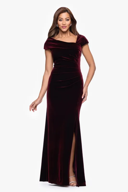 Petite "Katrina" Velvet Asymmetrical Neckline Cap Sleeve Floor Length Dress sold by Xscape