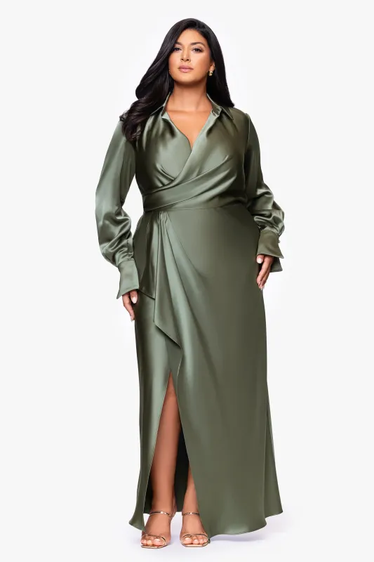Plus "Emery" Long Satin Long Sleeve Collared Dress sold by Xscape